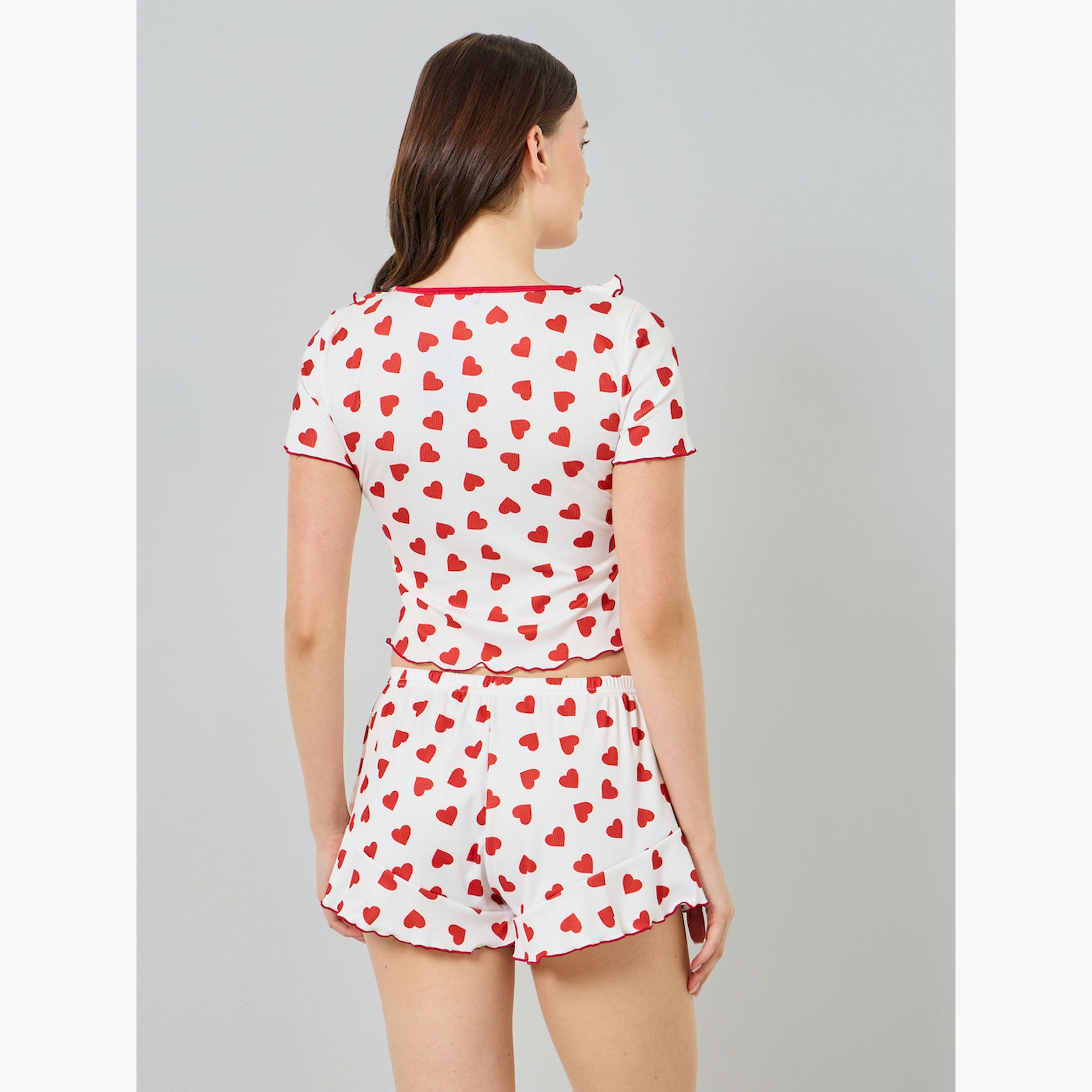 Styli Heart Printed Crop T-Shirt and Shorts Pyjama Set-women-clothing-nightwear-pyjamas-shortsets-image-4