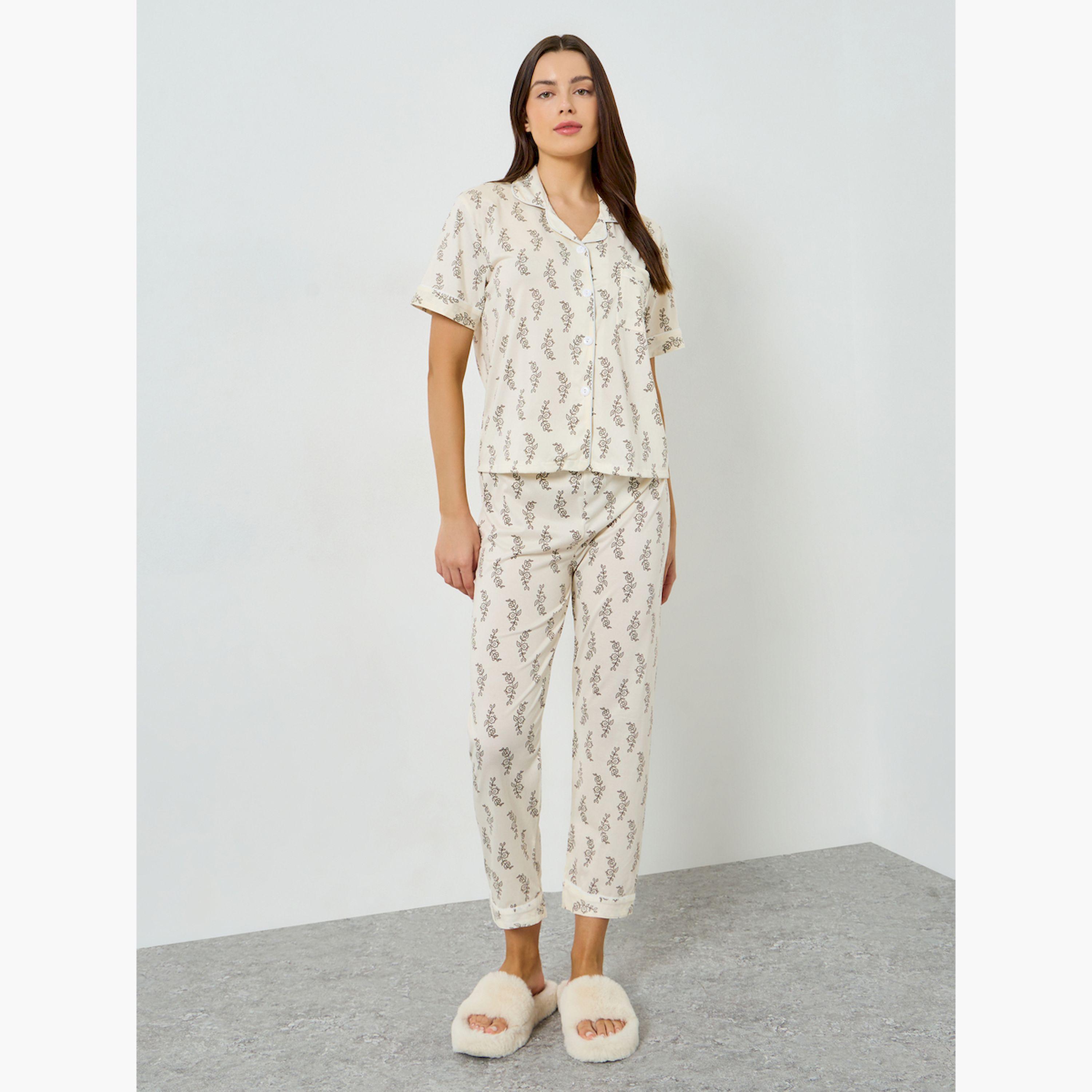 مجموعة من بيجاما وقميص بطبعة ورق شجر وأكمام قصيرة-women-clothing-nightwear-pyjamas-longsets-image-1