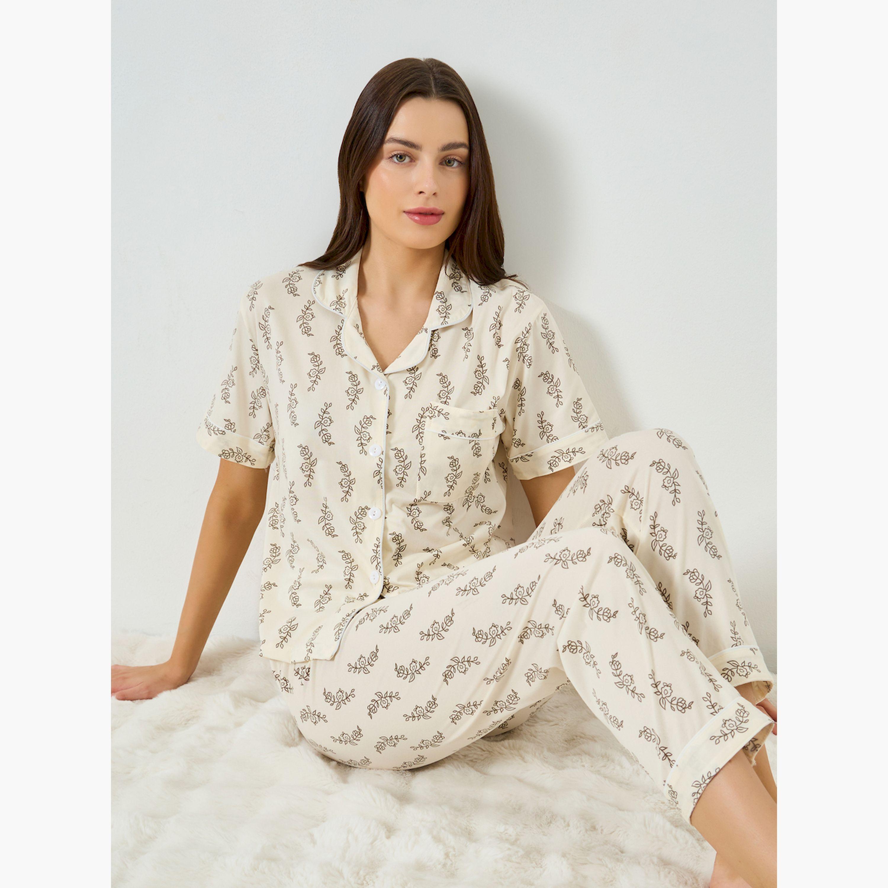 مجموعة من بيجاما وقميص بطبعة ورق شجر وأكمام قصيرة-women-clothing-nightwear-pyjamas-longsets-image-2