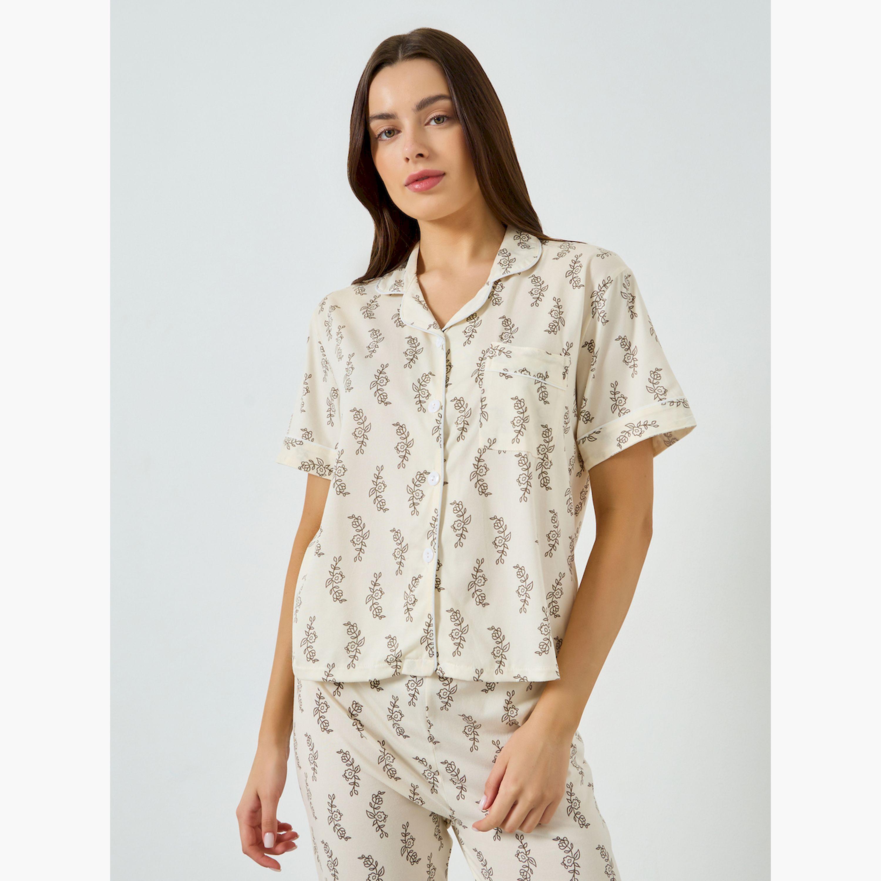 مجموعة من بيجاما وقميص بطبعة ورق شجر وأكمام قصيرة-women-clothing-nightwear-pyjamas-longsets-image-3