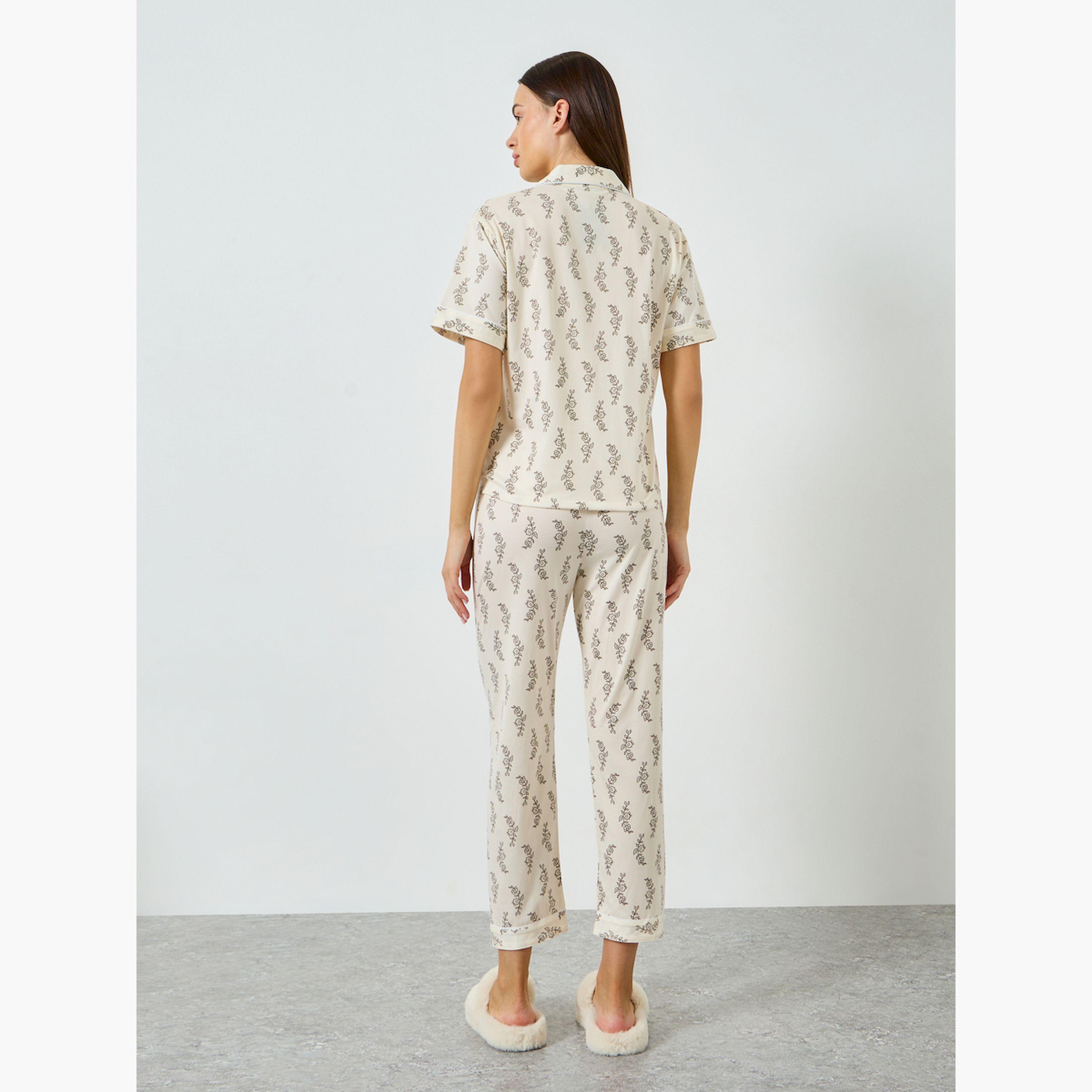 مجموعة من بيجاما وقميص بطبعة ورق شجر وأكمام قصيرة-women-clothing-nightwear-pyjamas-longsets-image-4