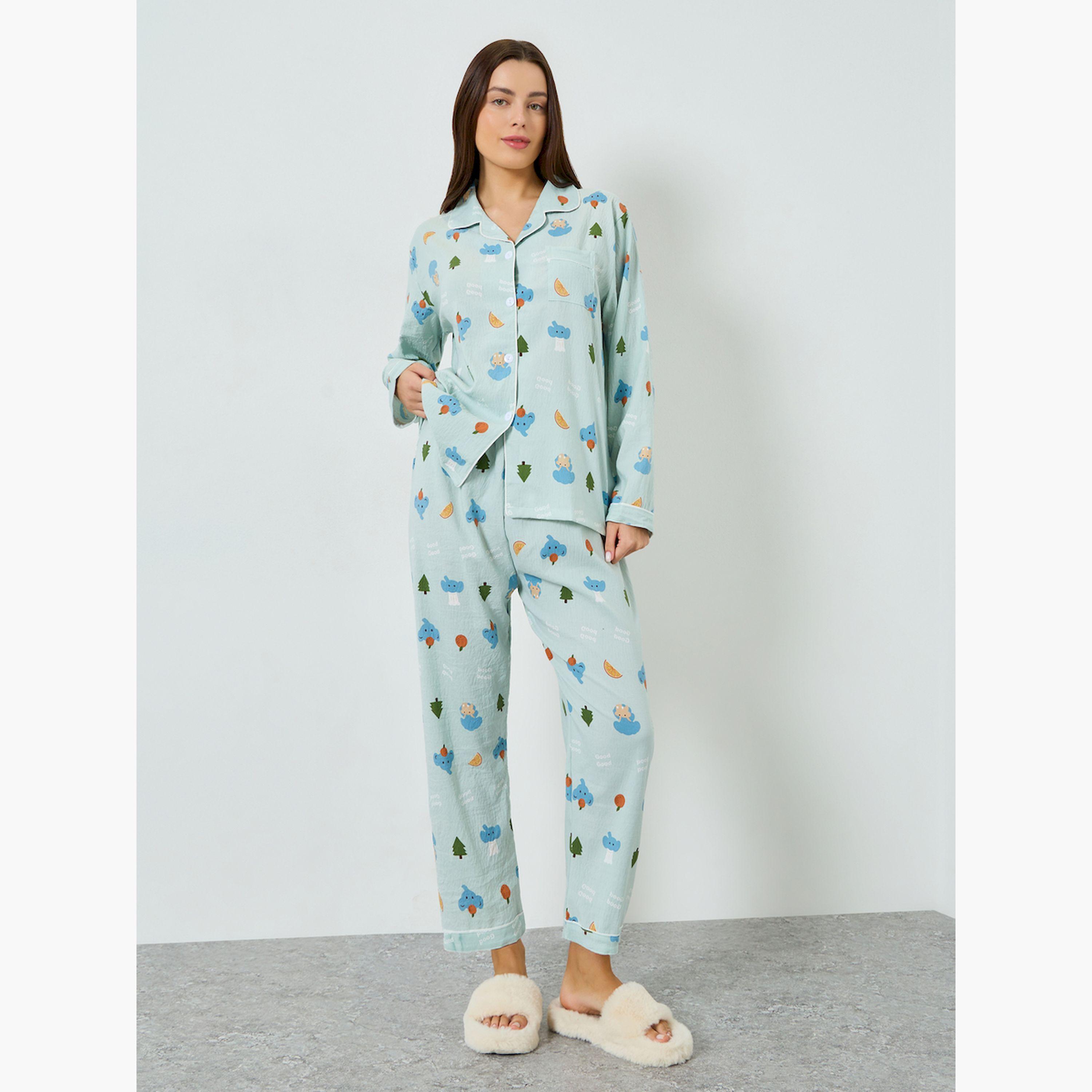 Styli Graphic Print Long Sleeve Shirt and Pyjama Set-women-clothing-nightwear-pyjamas-longsets-image-1