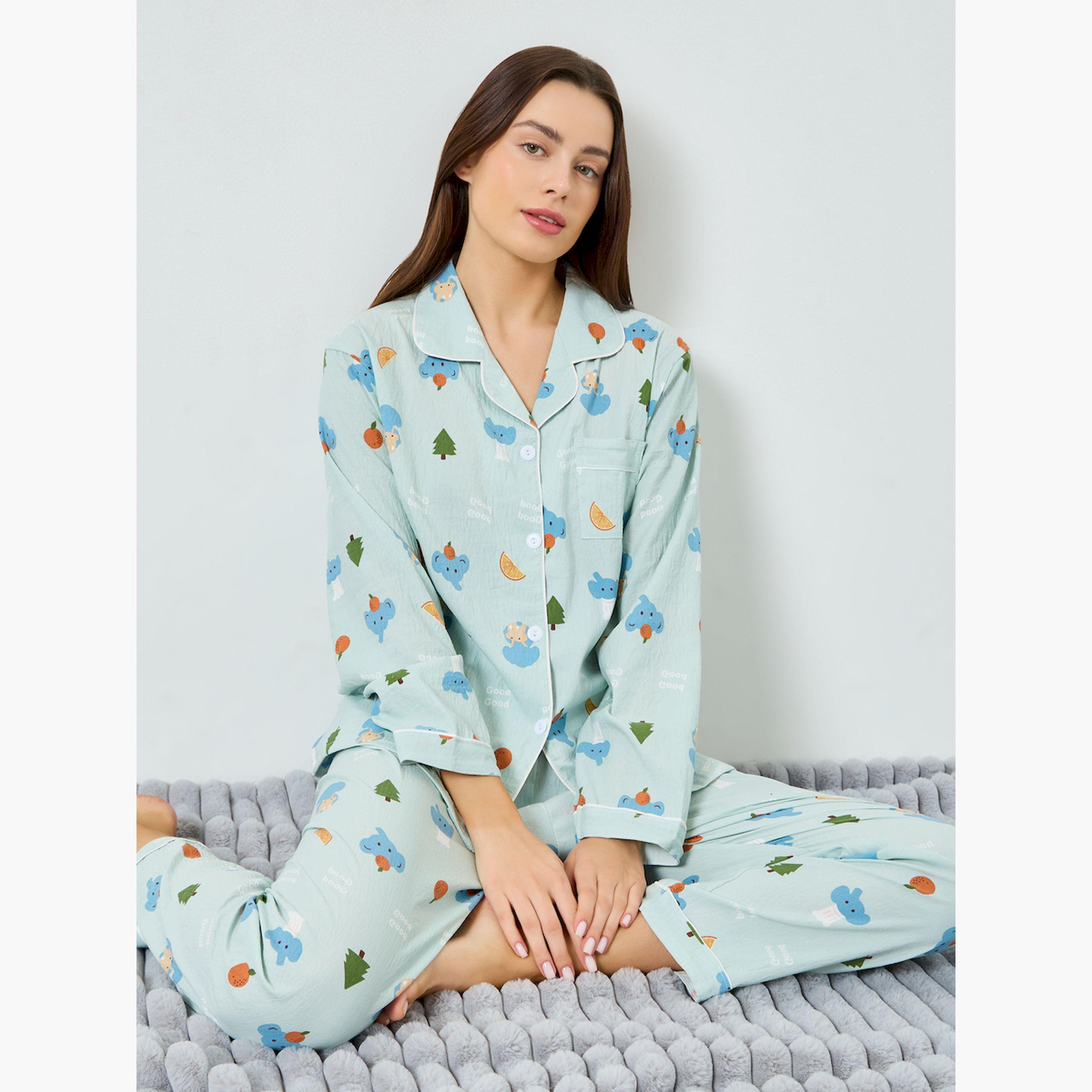 Styli Graphic Print Long Sleeve Shirt and Pyjama Set-women-clothing-nightwear-pyjamas-longsets-image-2