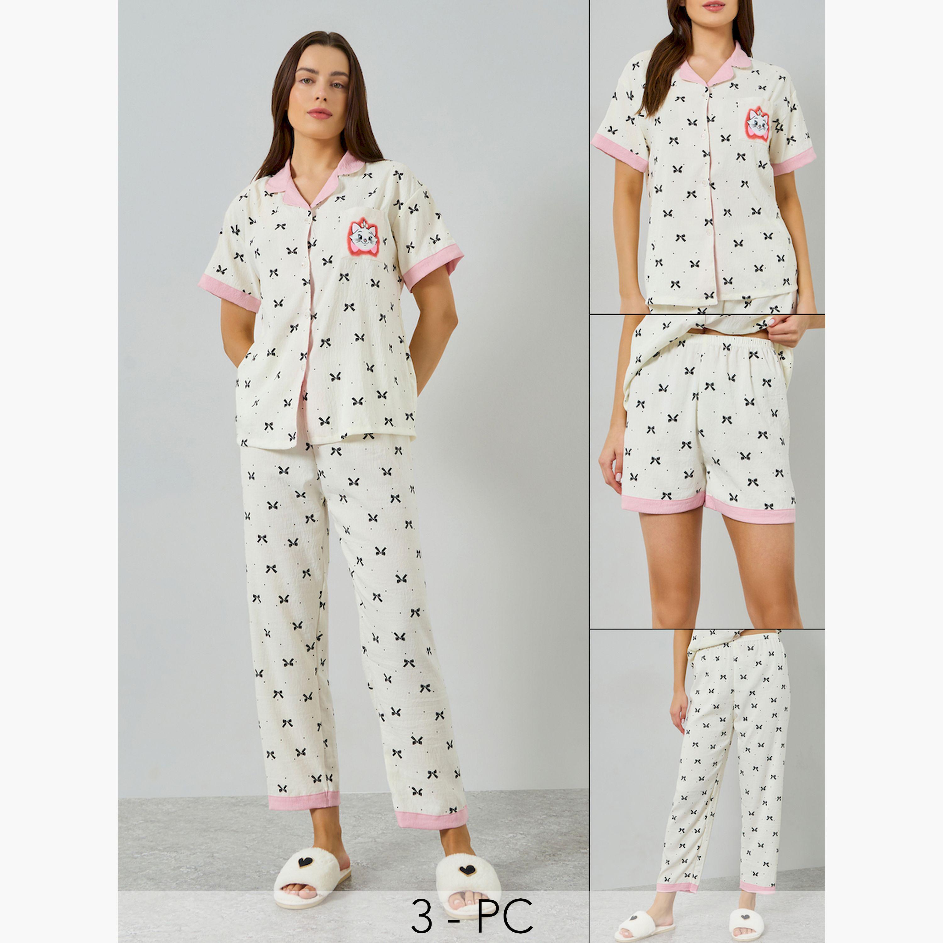 Styli Pack of 3 - Cat Bow Print Shirt, Short and Pyjama Set-women-clothing-nightwear-pyjamas-longsets-image-1