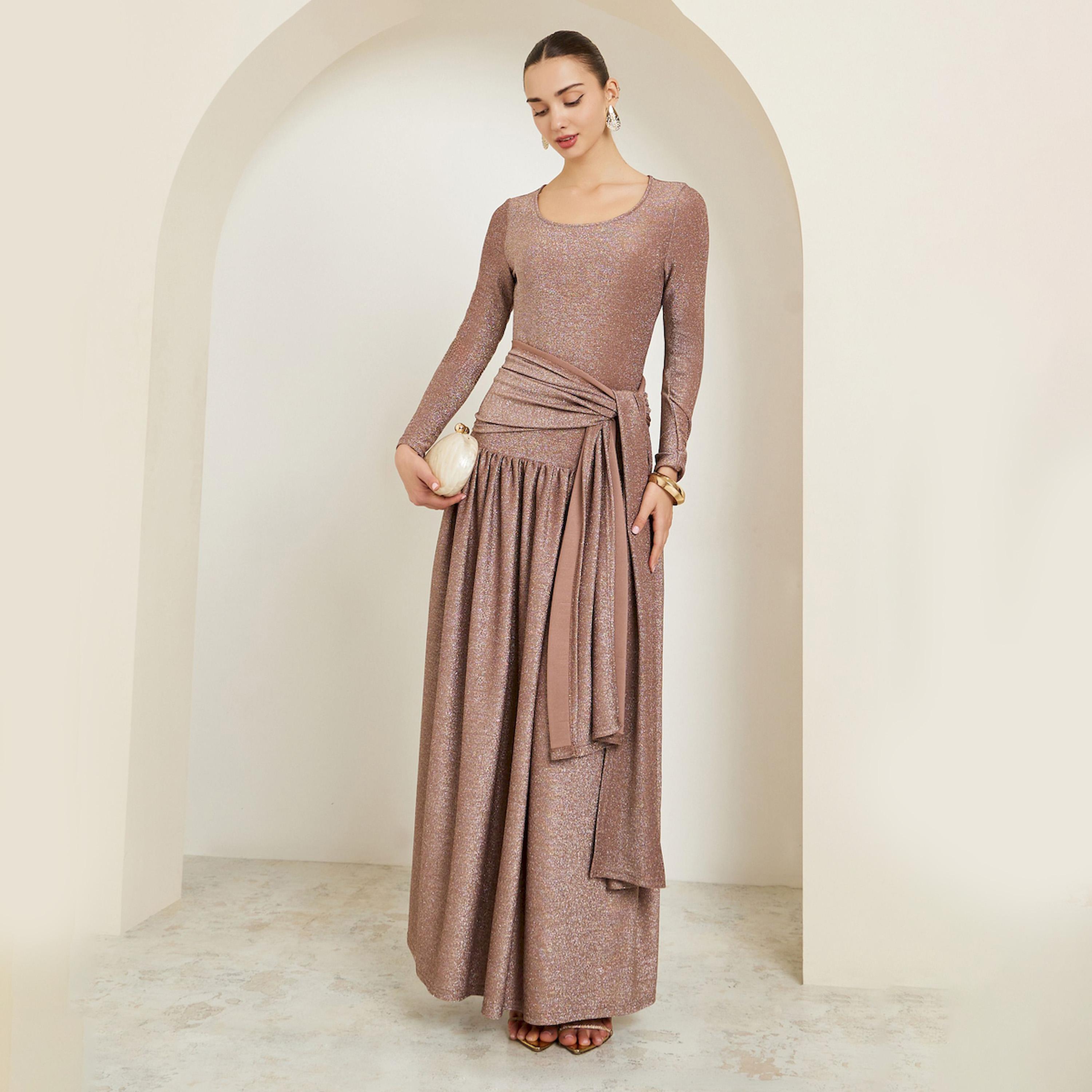 Styli Beige Embellished Shimmer Drop Waist Maxi Dress-women-clothing-dresses-image-1