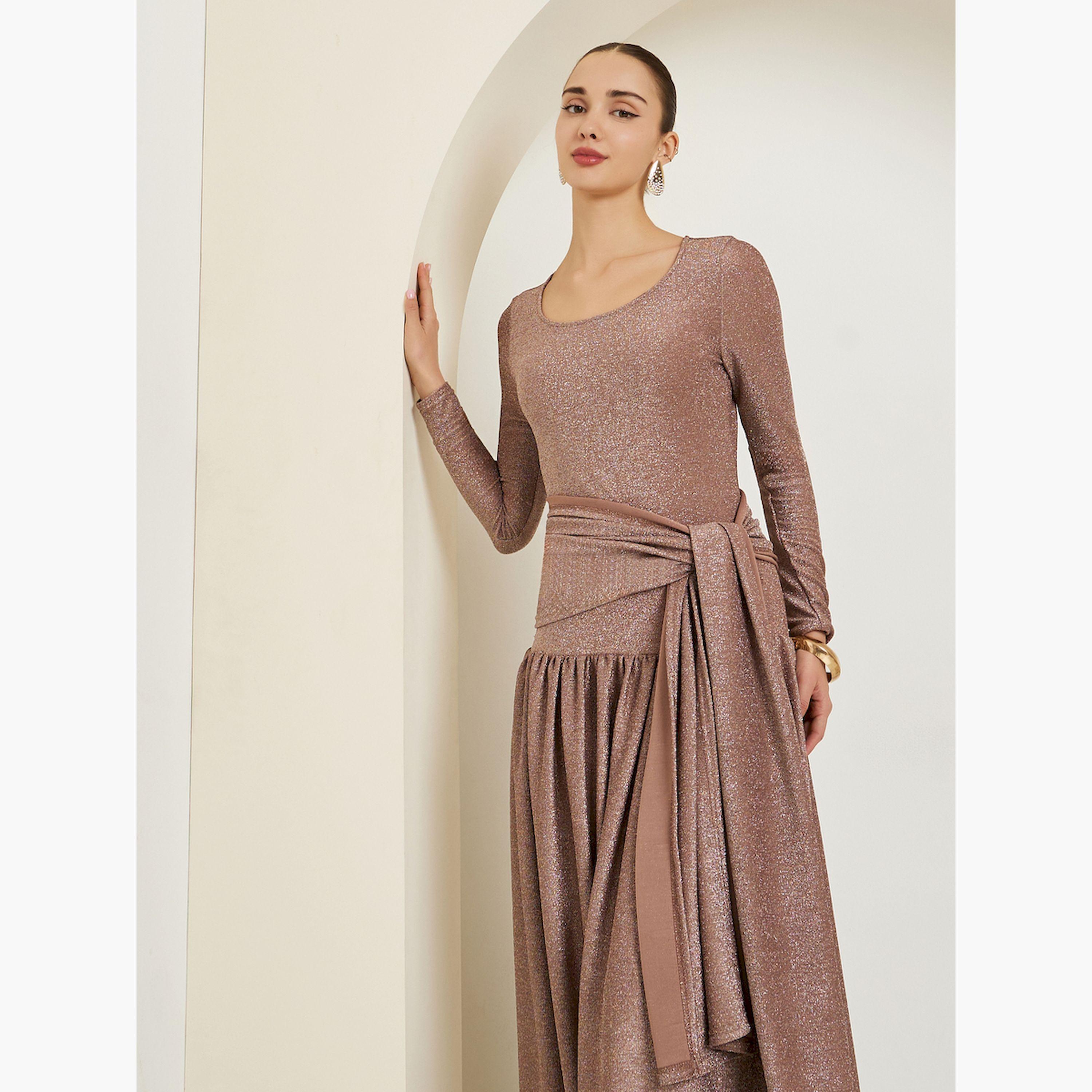 Styli Beige Embellished Shimmer Drop Waist Maxi Dress-women-clothing-dresses-image-2
