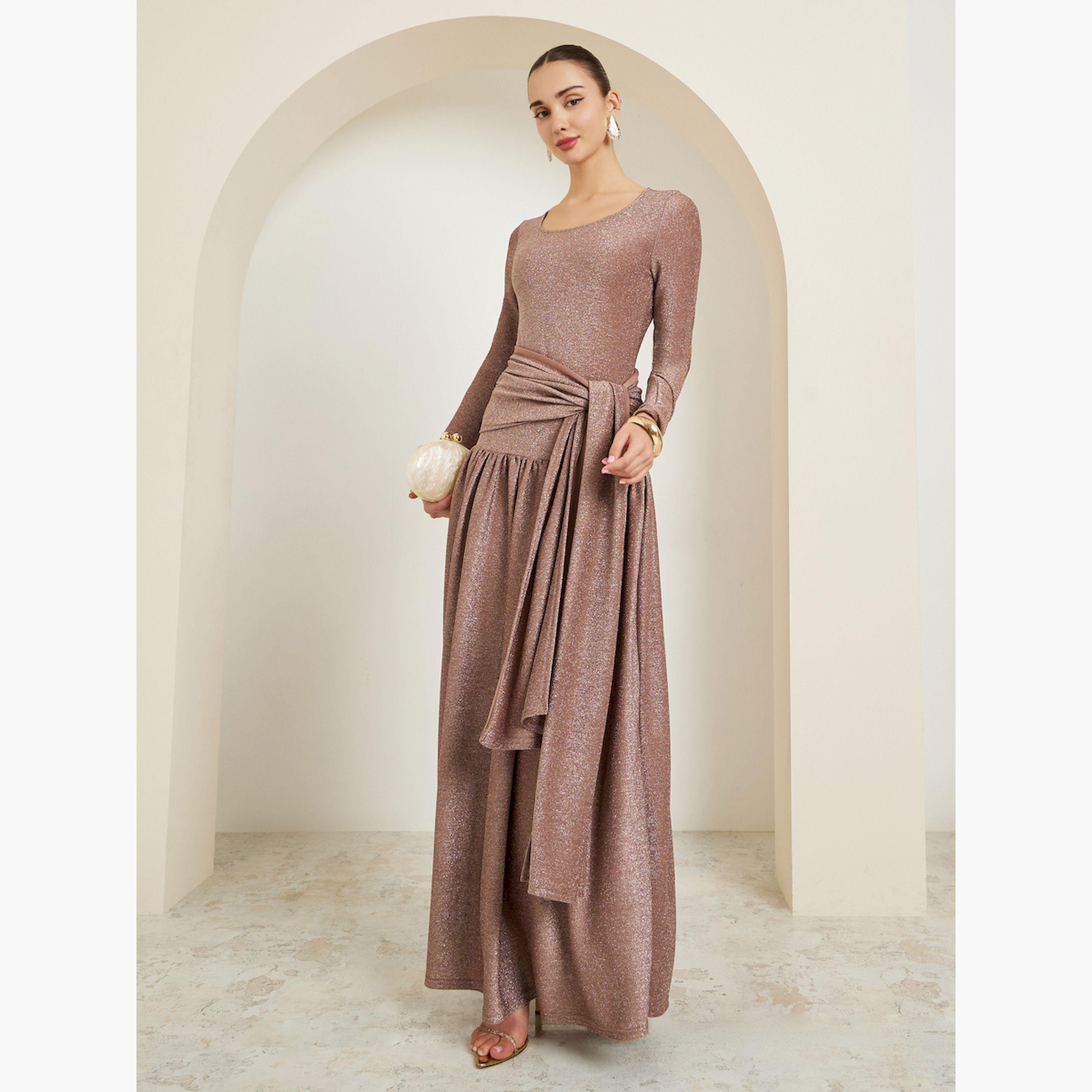 Styli Beige Embellished Shimmer Drop Waist Maxi Dress-women-clothing-dresses-image-3