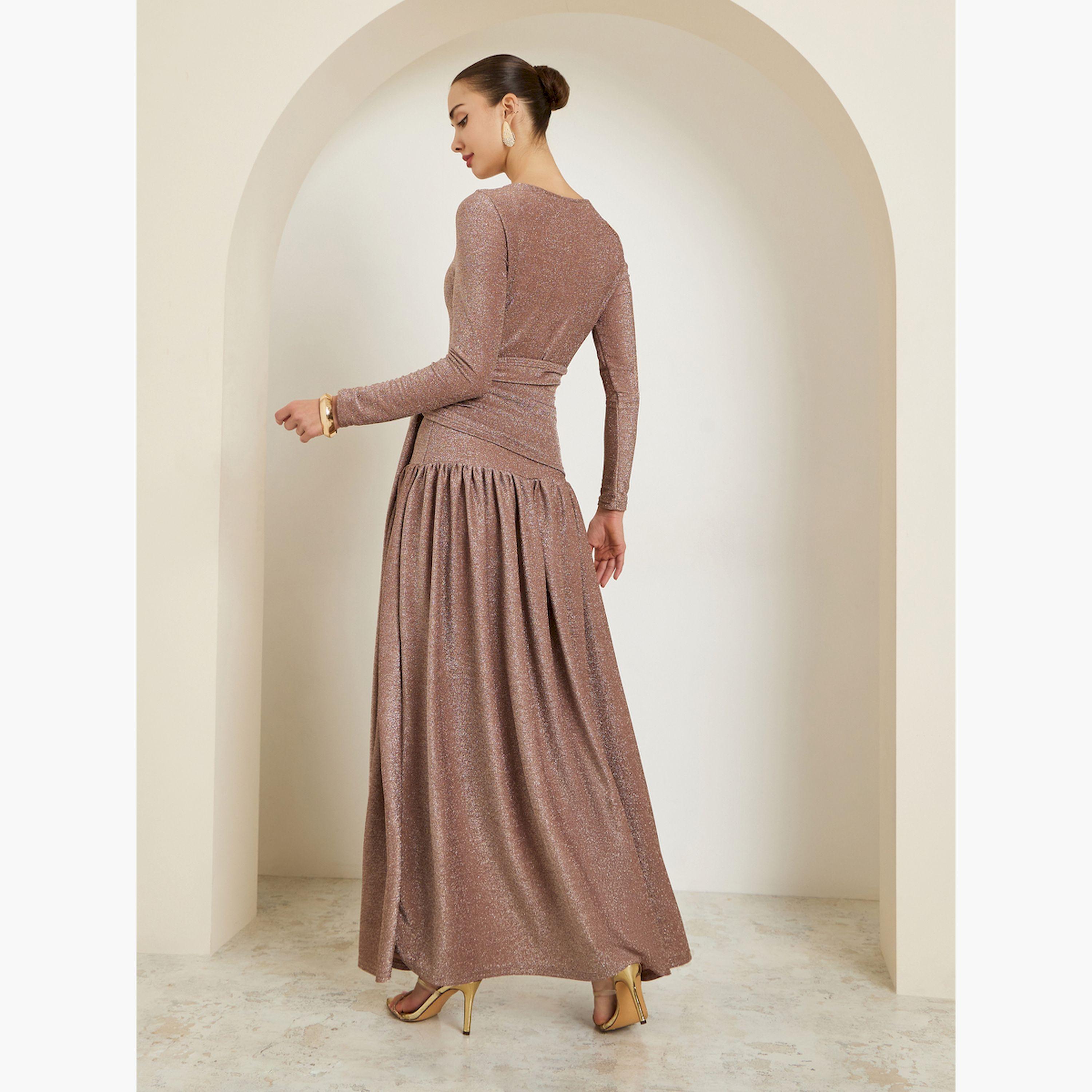 Styli Beige Embellished Shimmer Drop Waist Maxi Dress-women-clothing-dresses-image-4
