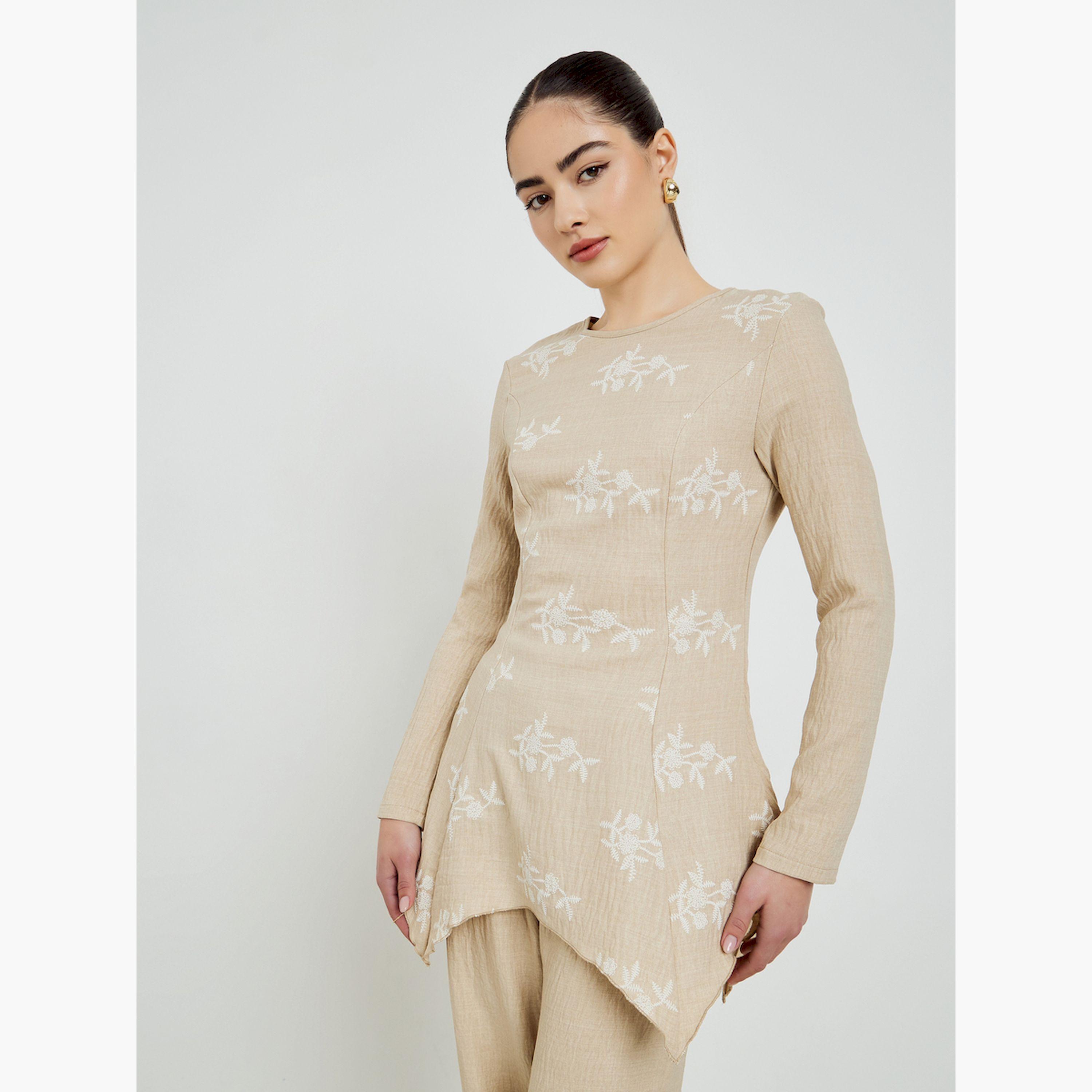 Styli Beige Embroidered Textured Top and Wide Leg Pants Co-Ords-women-clothing-coordsets-image-3