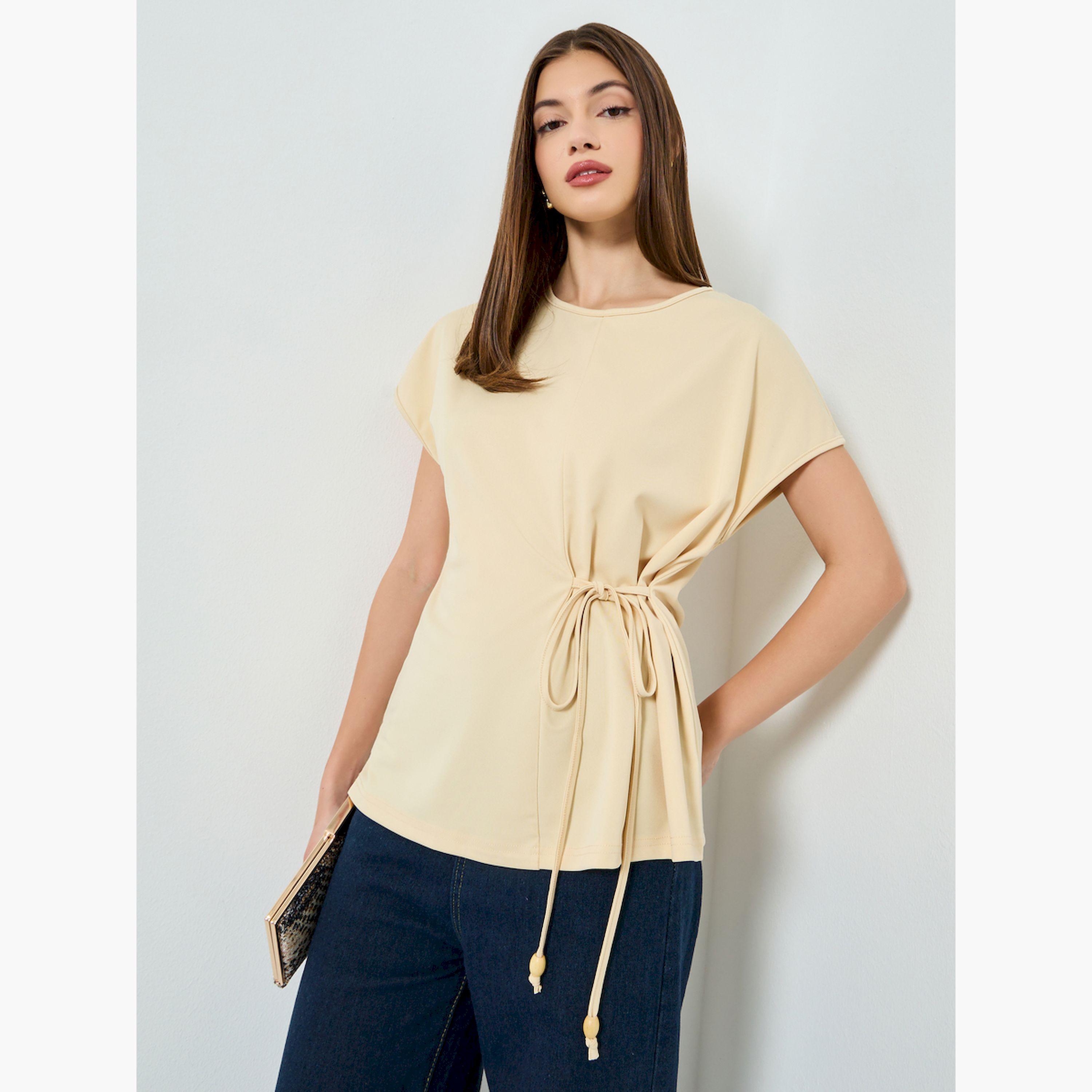 Styli Beige Solid Loose Side Tie Blouse-women-clothing-shirtsandblouses-blouses-image-1