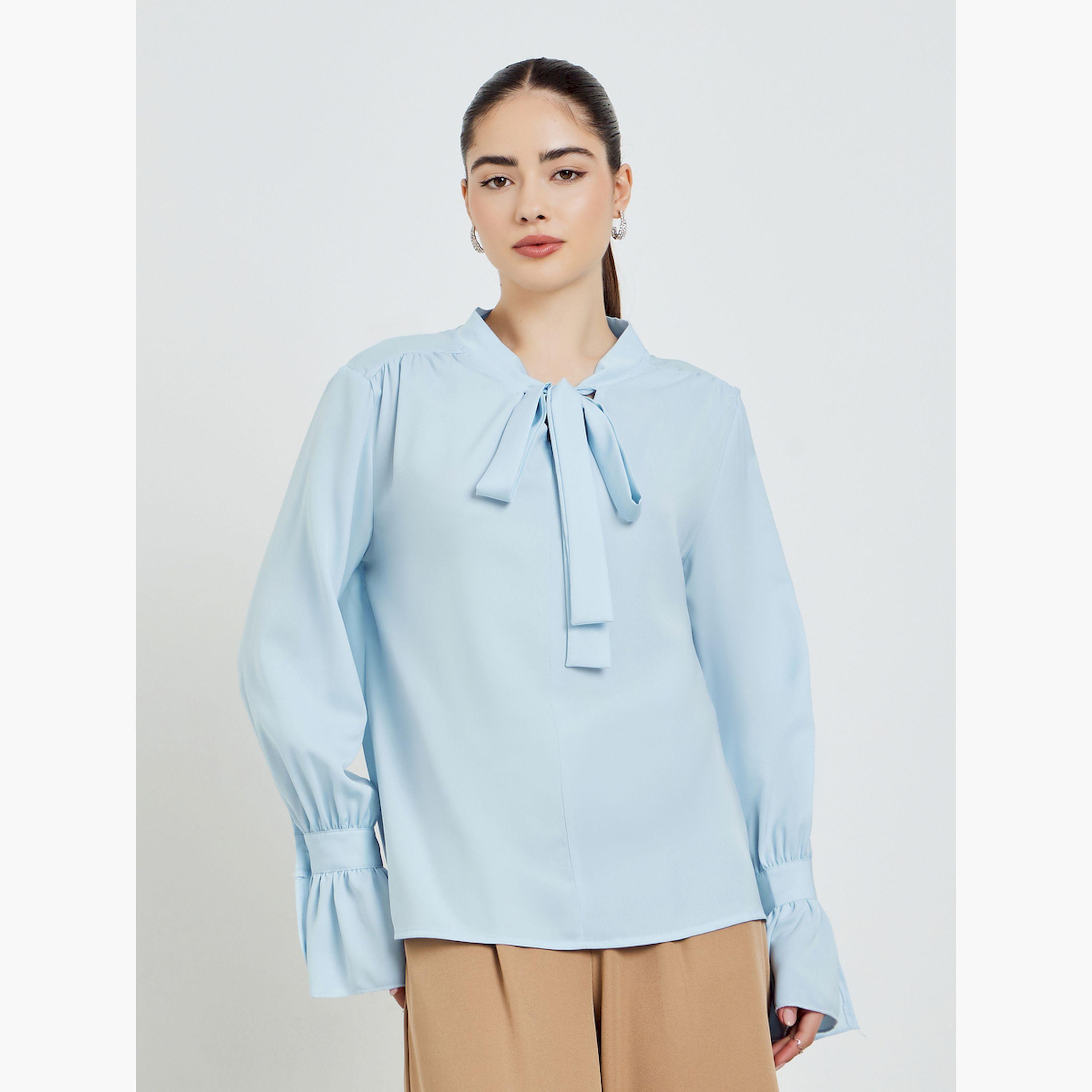 Styli Blue Tie-Up Neck Long Sleeve Blouse-women-clothing-shirtsandblouses-blouses-image-1