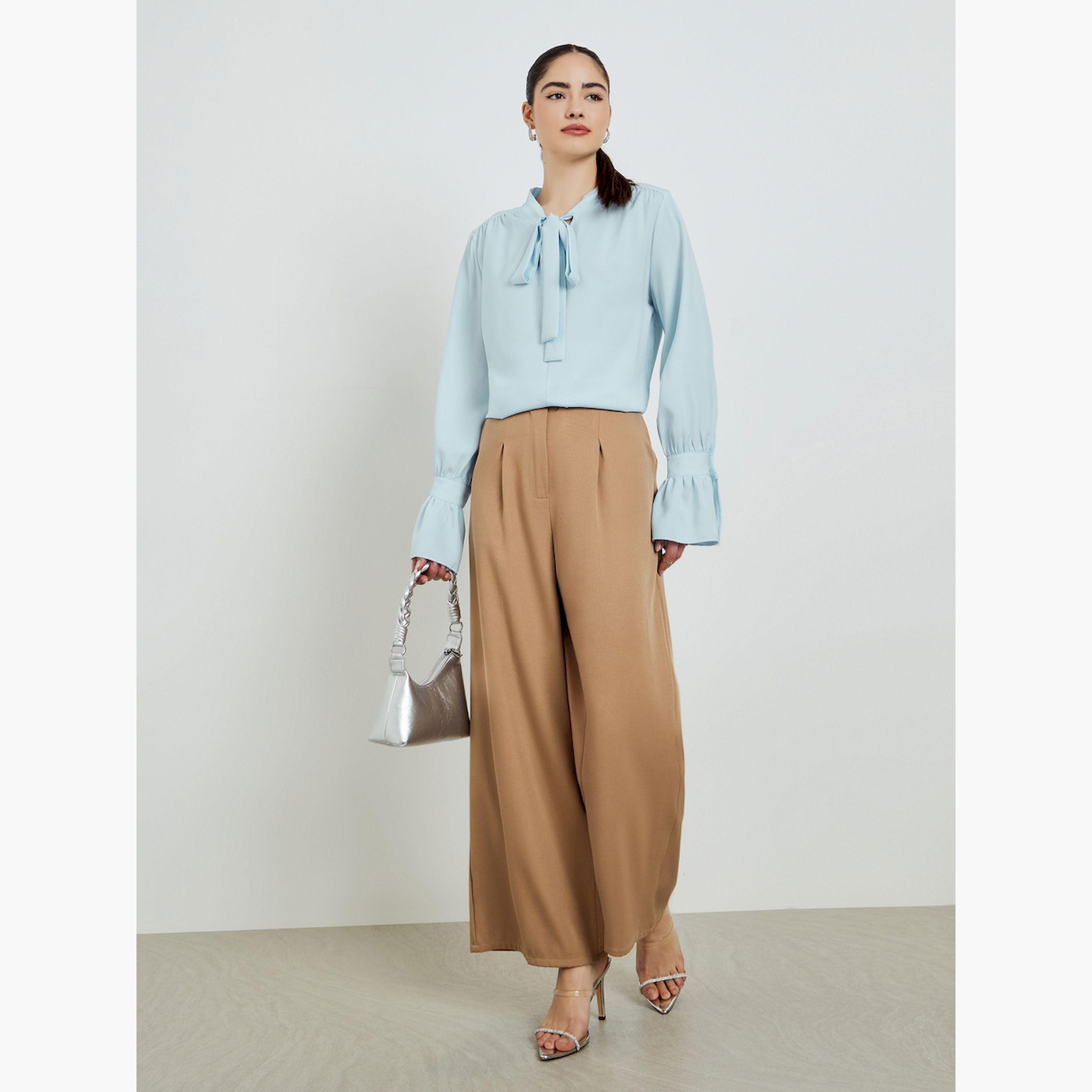 Styli Blue Tie-Up Neck Long Sleeve Blouse-women-clothing-shirtsandblouses-blouses-image-2
