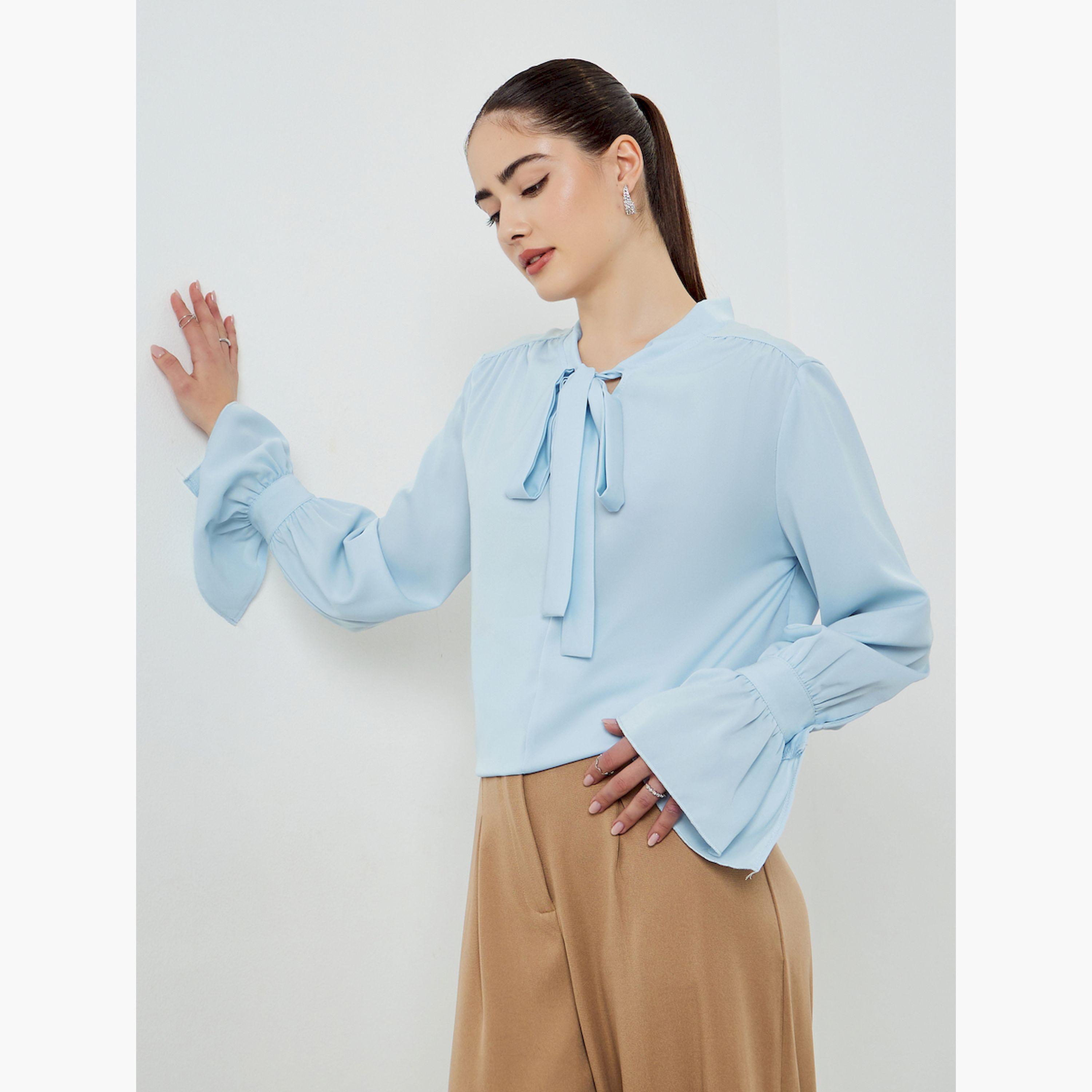 Styli Blue Tie-Up Neck Long Sleeve Blouse-women-clothing-shirtsandblouses-blouses-image-3