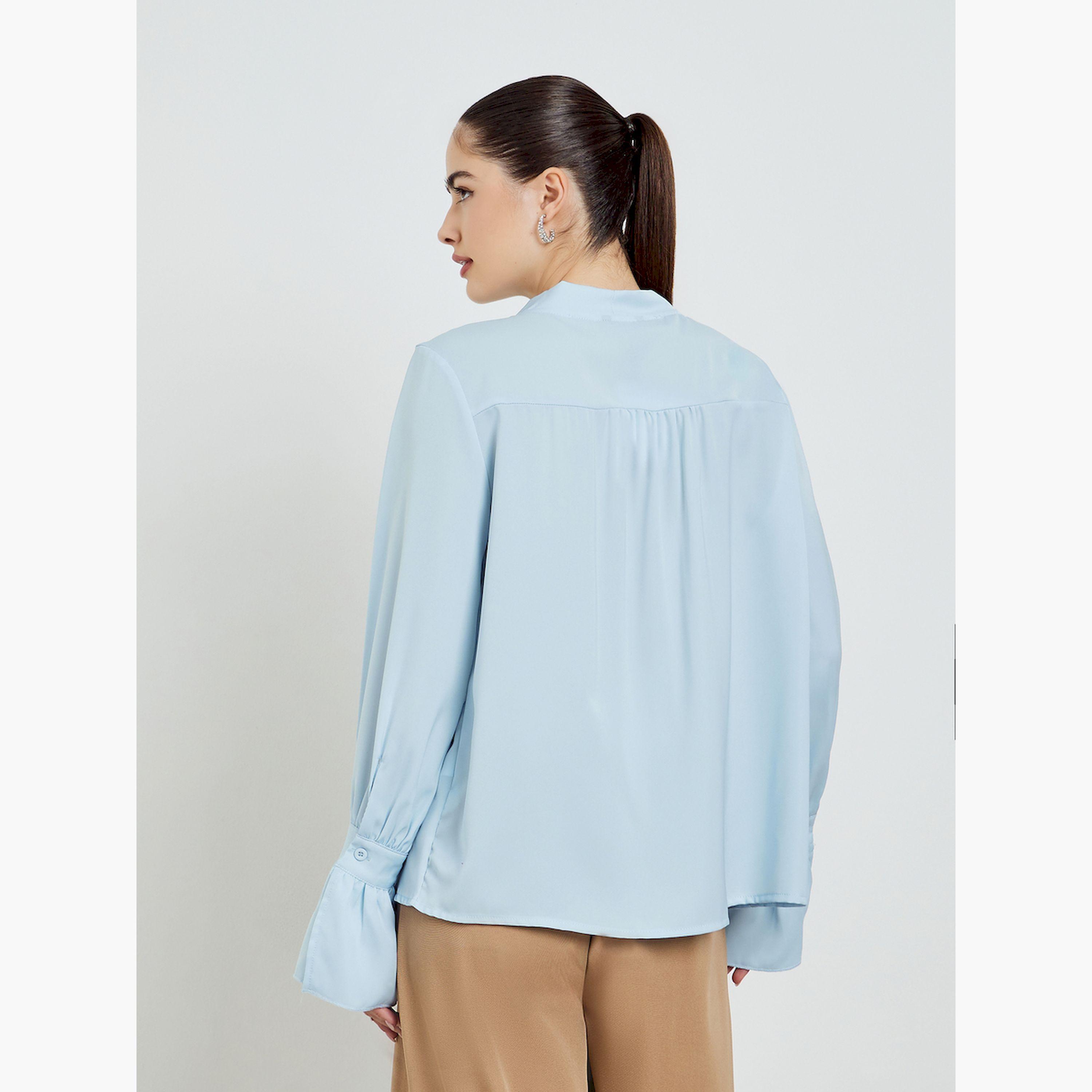 Styli Blue Tie-Up Neck Long Sleeve Blouse-women-clothing-shirtsandblouses-blouses-image-4