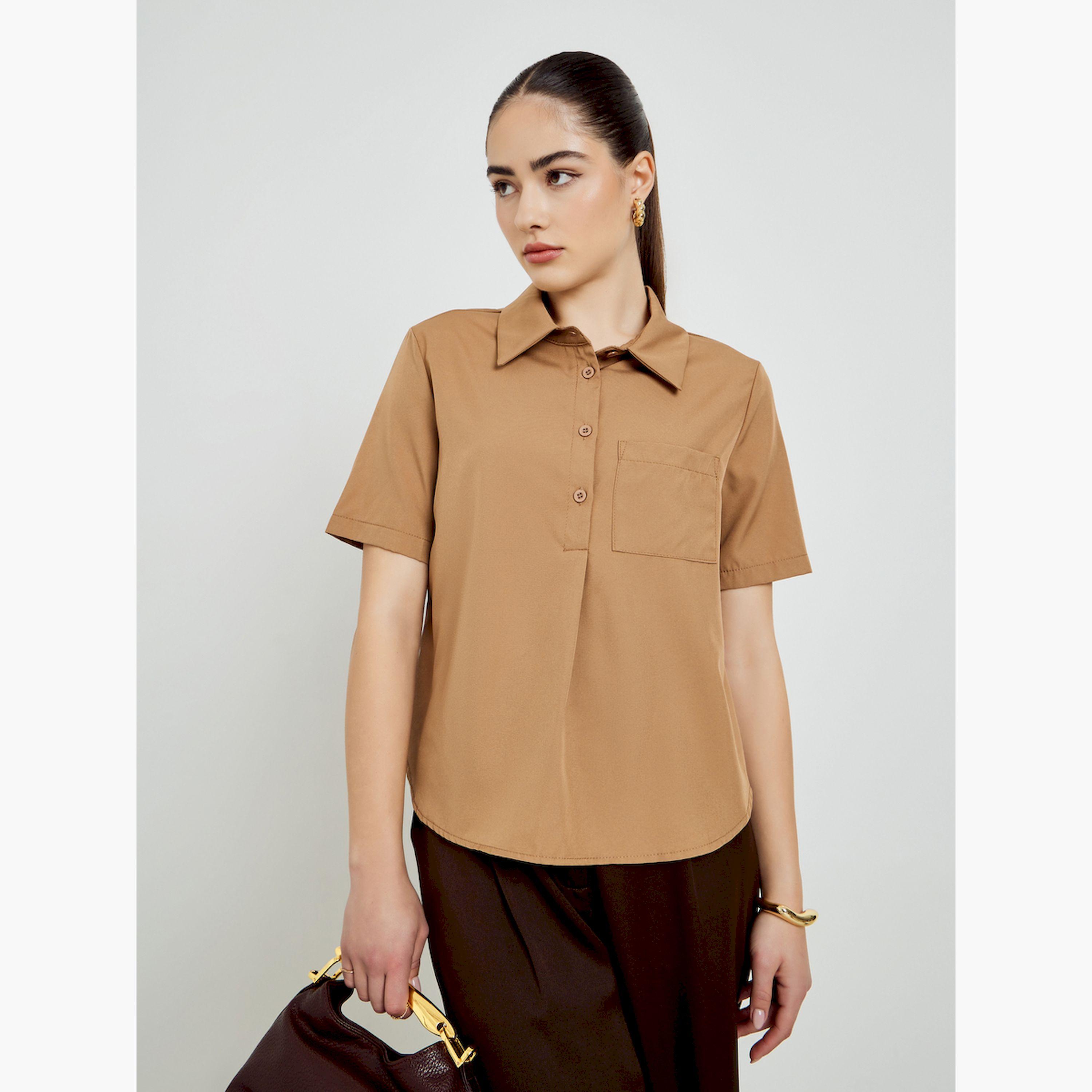 Styli Brown Solid Short Sleeve Shirt-women-clothing-shirtsandblouses-blouses-image-1