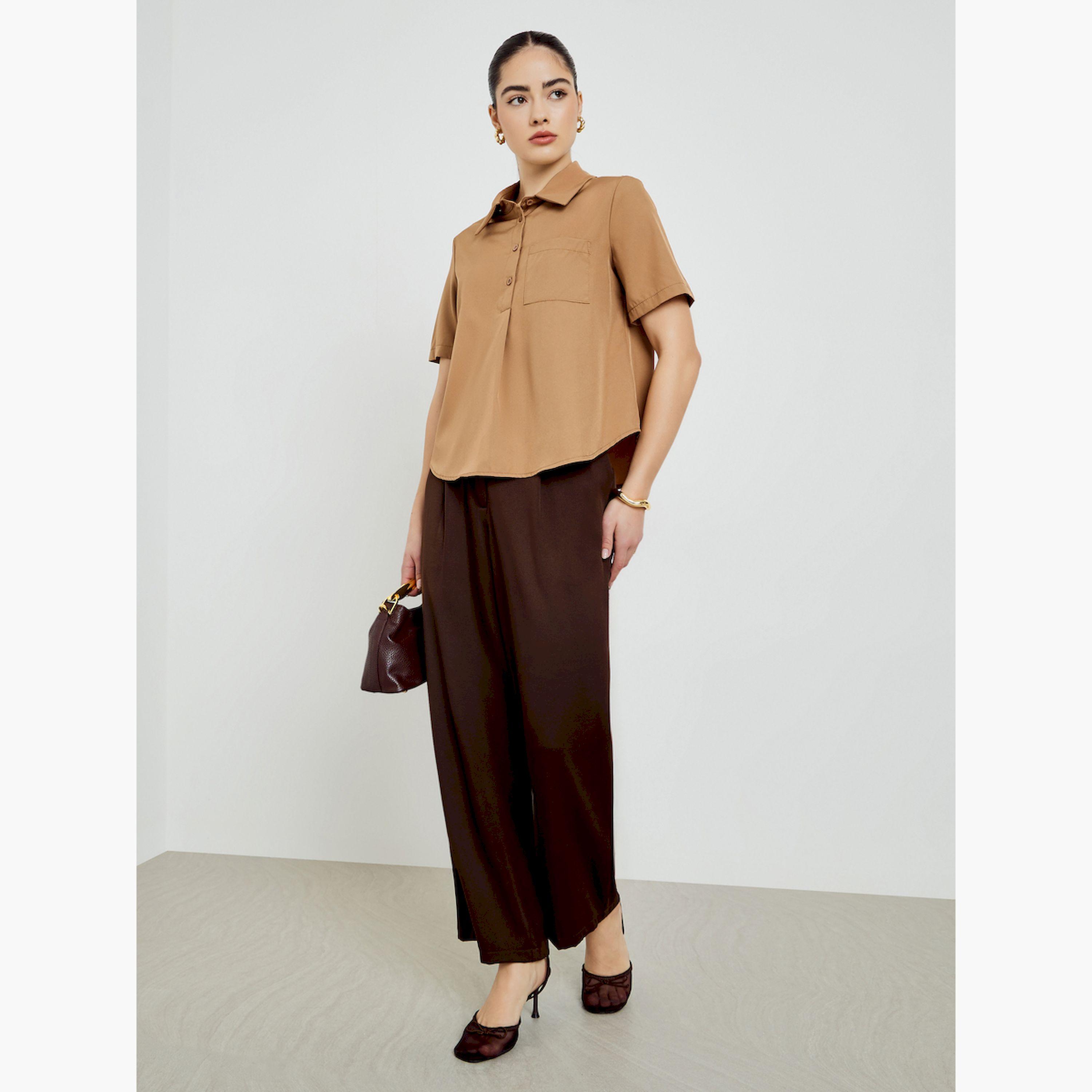 Styli Brown Solid Short Sleeve Shirt-women-clothing-shirtsandblouses-blouses-image-2