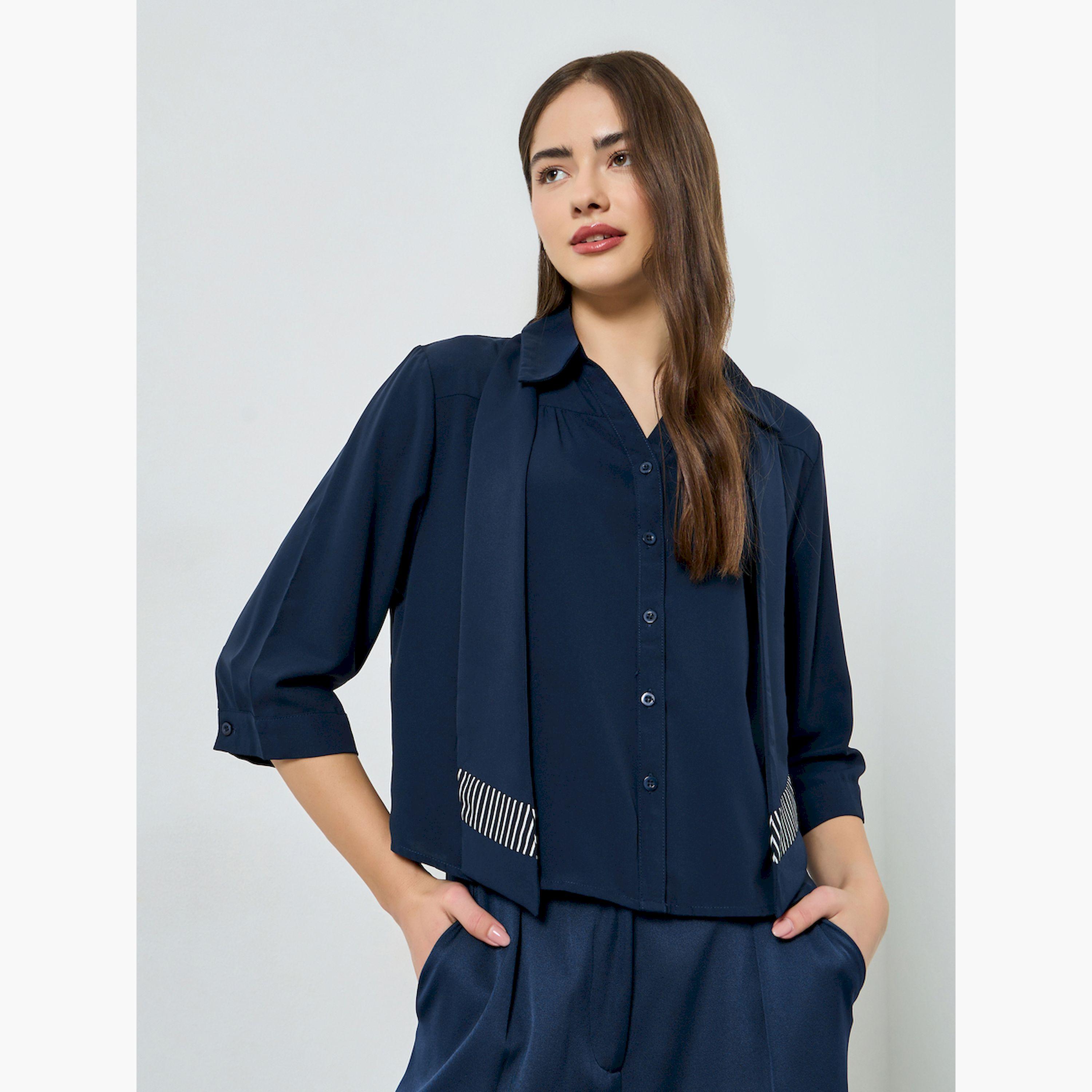 قميص مخطط برباط وأكمام 3/4-women-clothing-shirtsandblouses-shirts-image-1