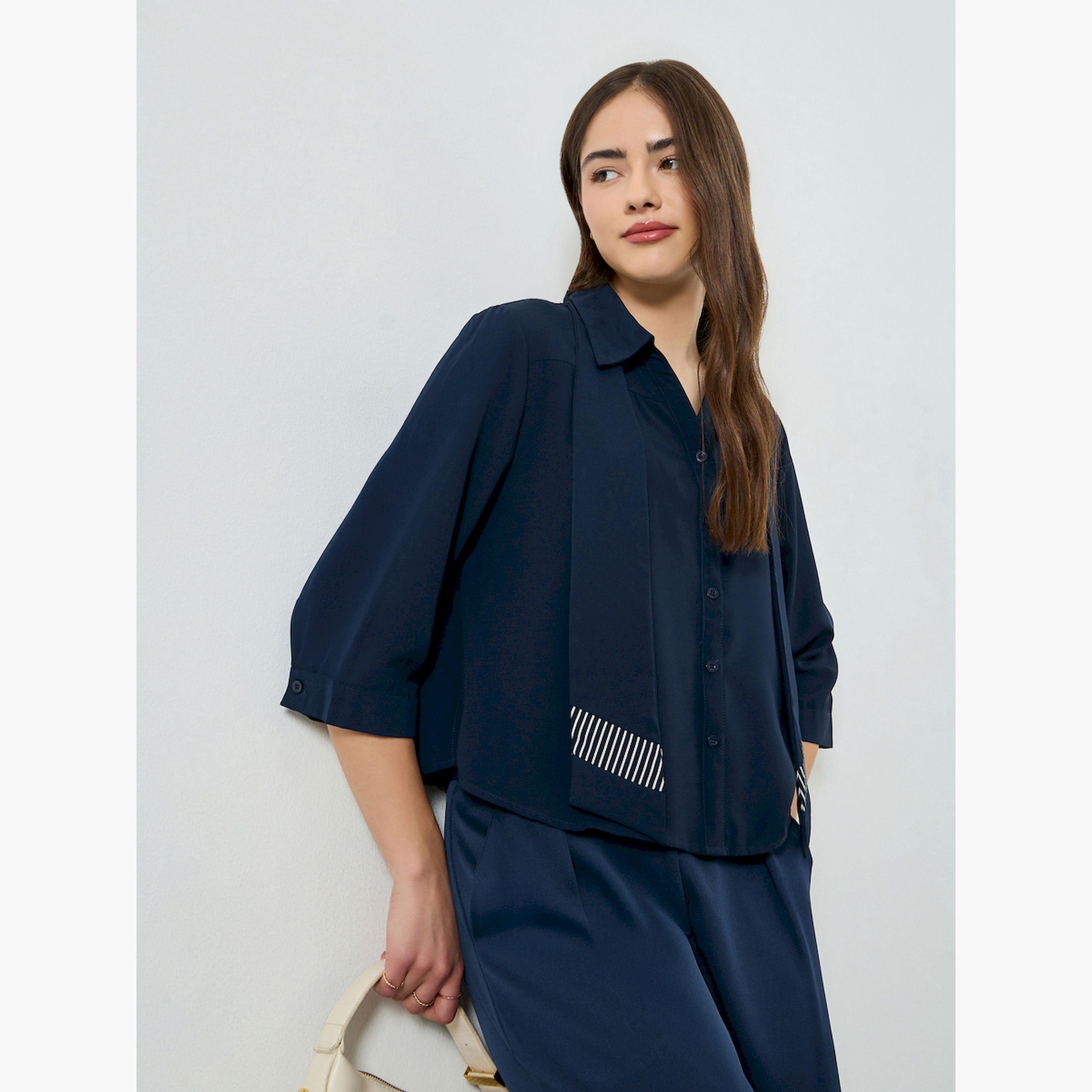 قميص مخطط برباط وأكمام 3/4-women-clothing-shirtsandblouses-shirts-image-3