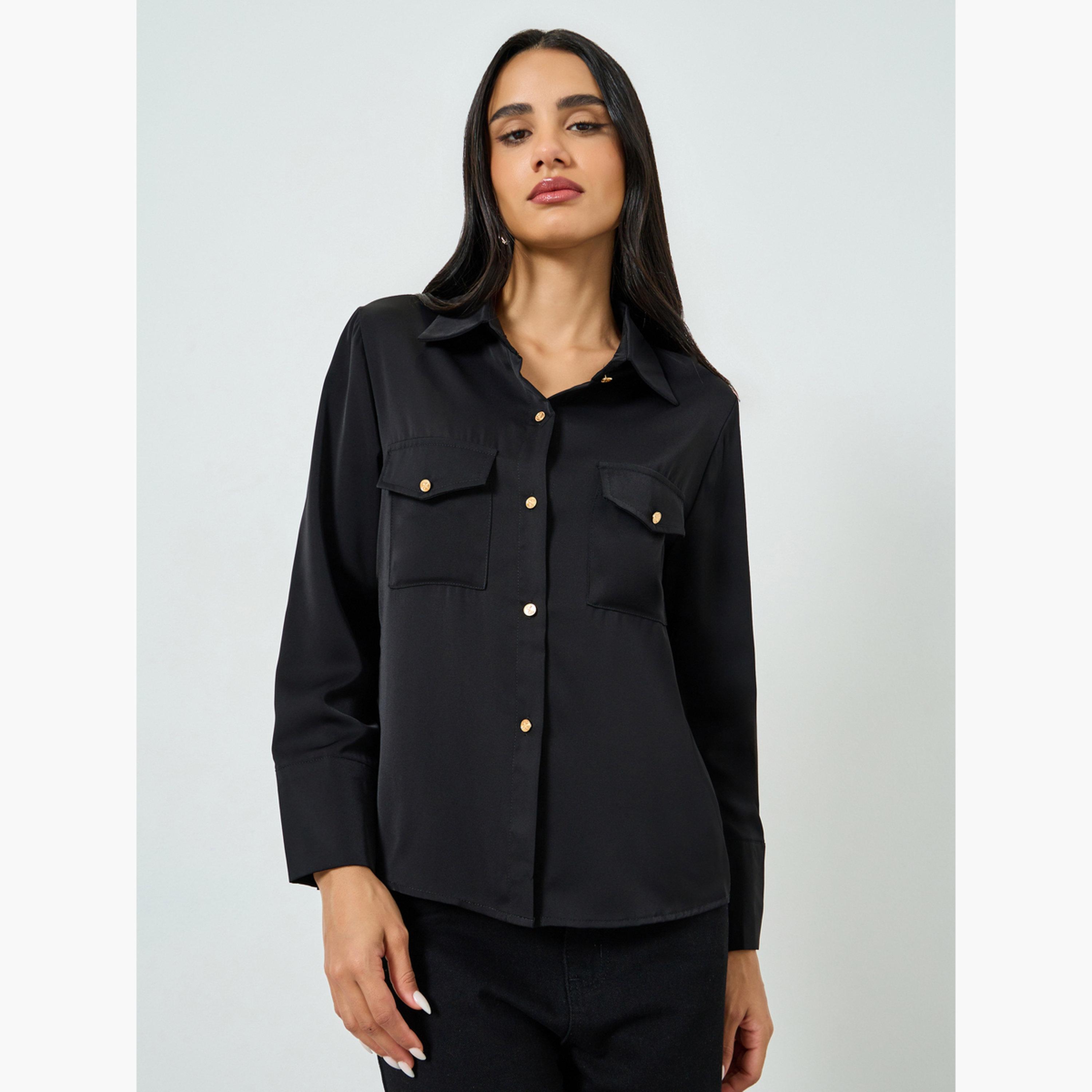 قميص أسود سادة بجيوب وأزرار-women-clothing-shirtsandblouses-shirts-image-5