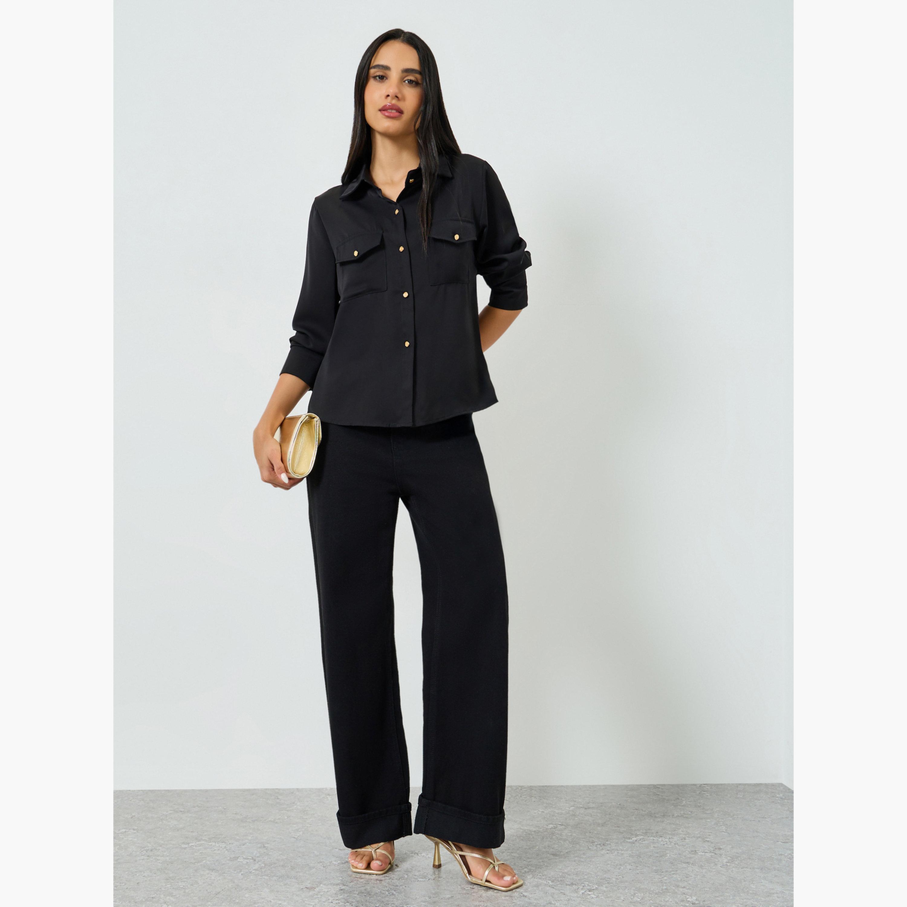 قميص أسود سادة بجيوب وأزرار-women-clothing-shirtsandblouses-shirts-image-4