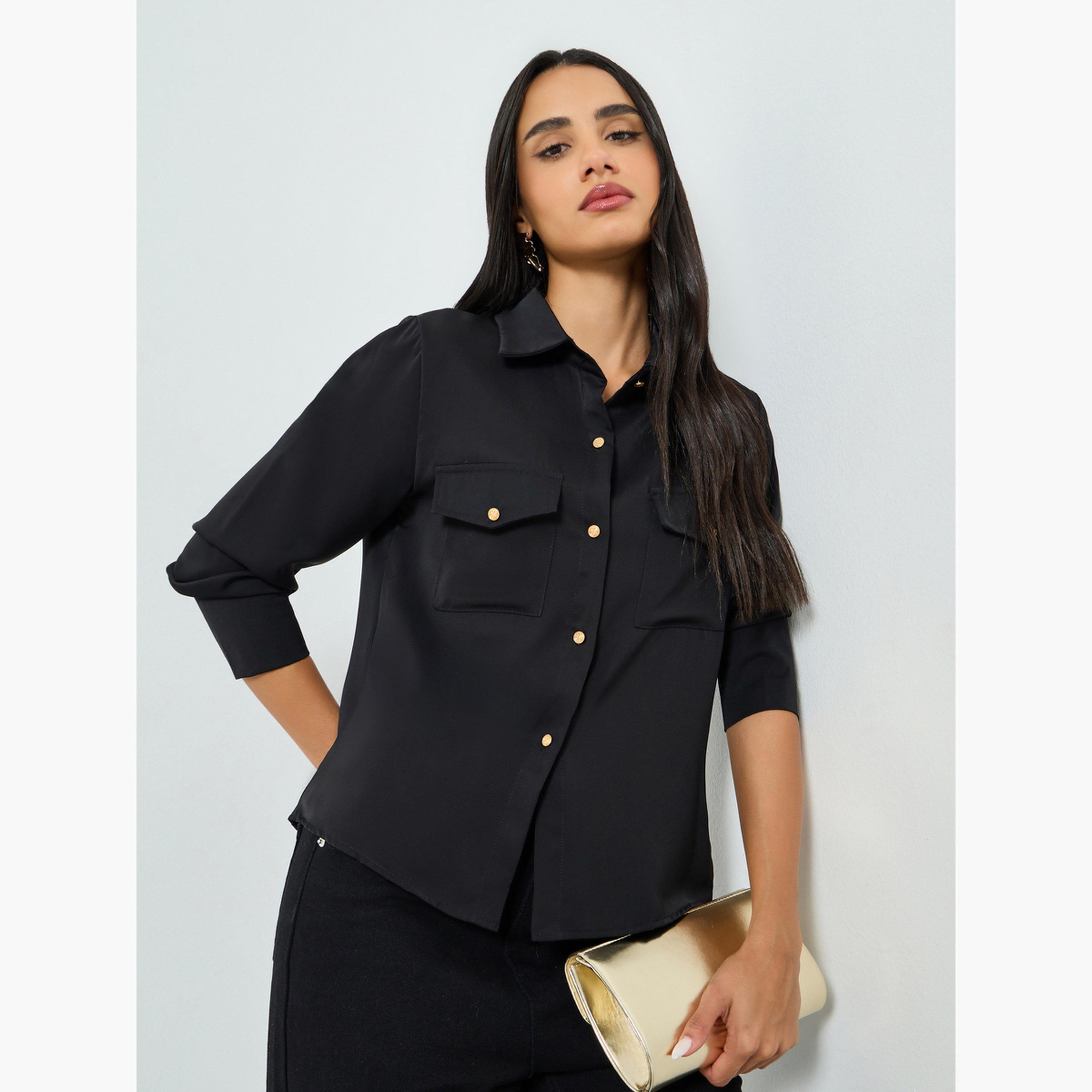 Styli Black Solid Shirt with Buttoned Pockets-women-clothing-shirtsandblouses-shirts-image-3