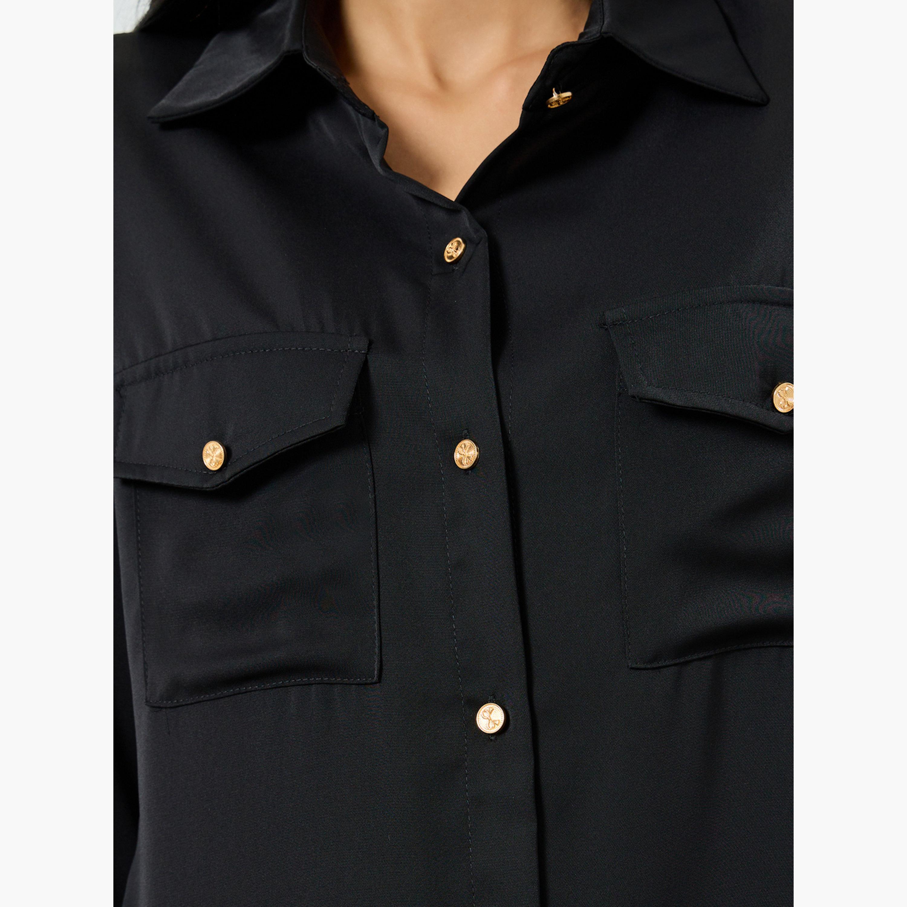 Styli Black Solid Shirt with Buttoned Pockets-women-clothing-shirtsandblouses-shirts-image-4