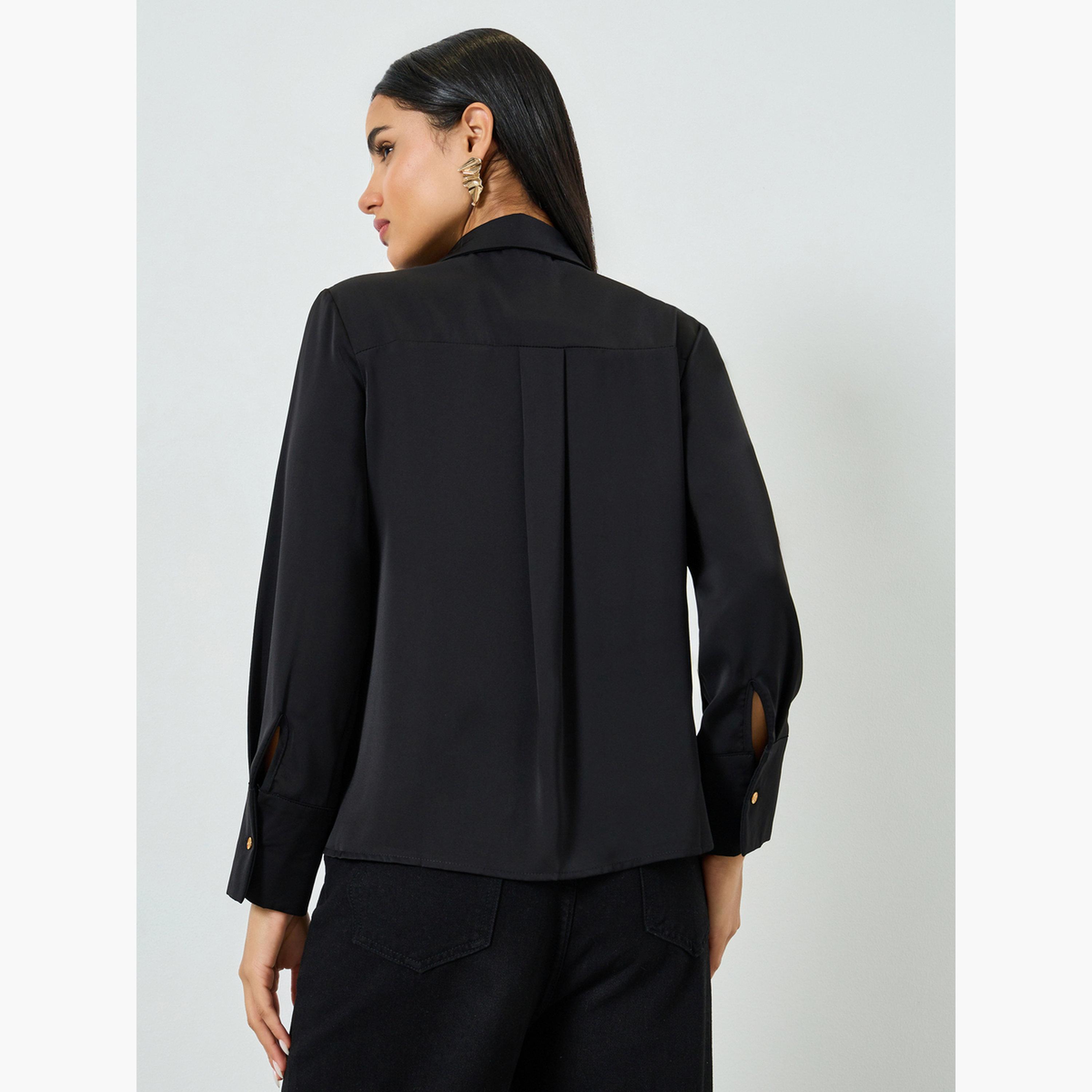 قميص أسود سادة بجيوب وأزرار-women-clothing-shirtsandblouses-shirts-image-1