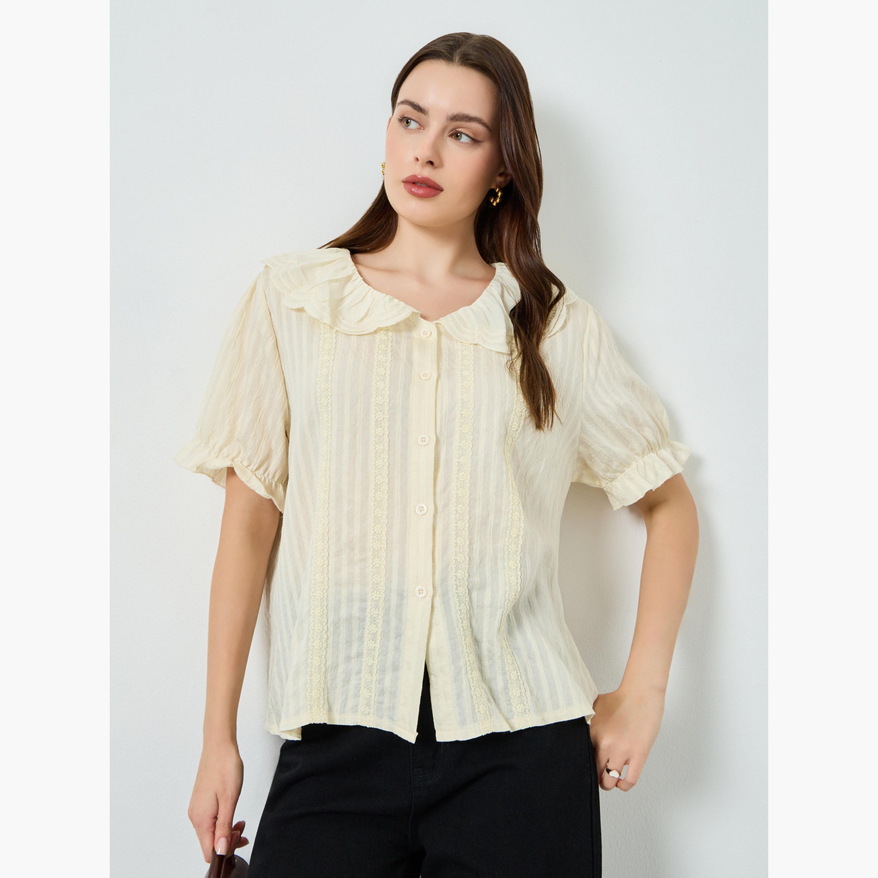 Styli Women Beige Textured Puff Sleeve Blouse-women-clothing-shirtsandblouses-blouses-image-1