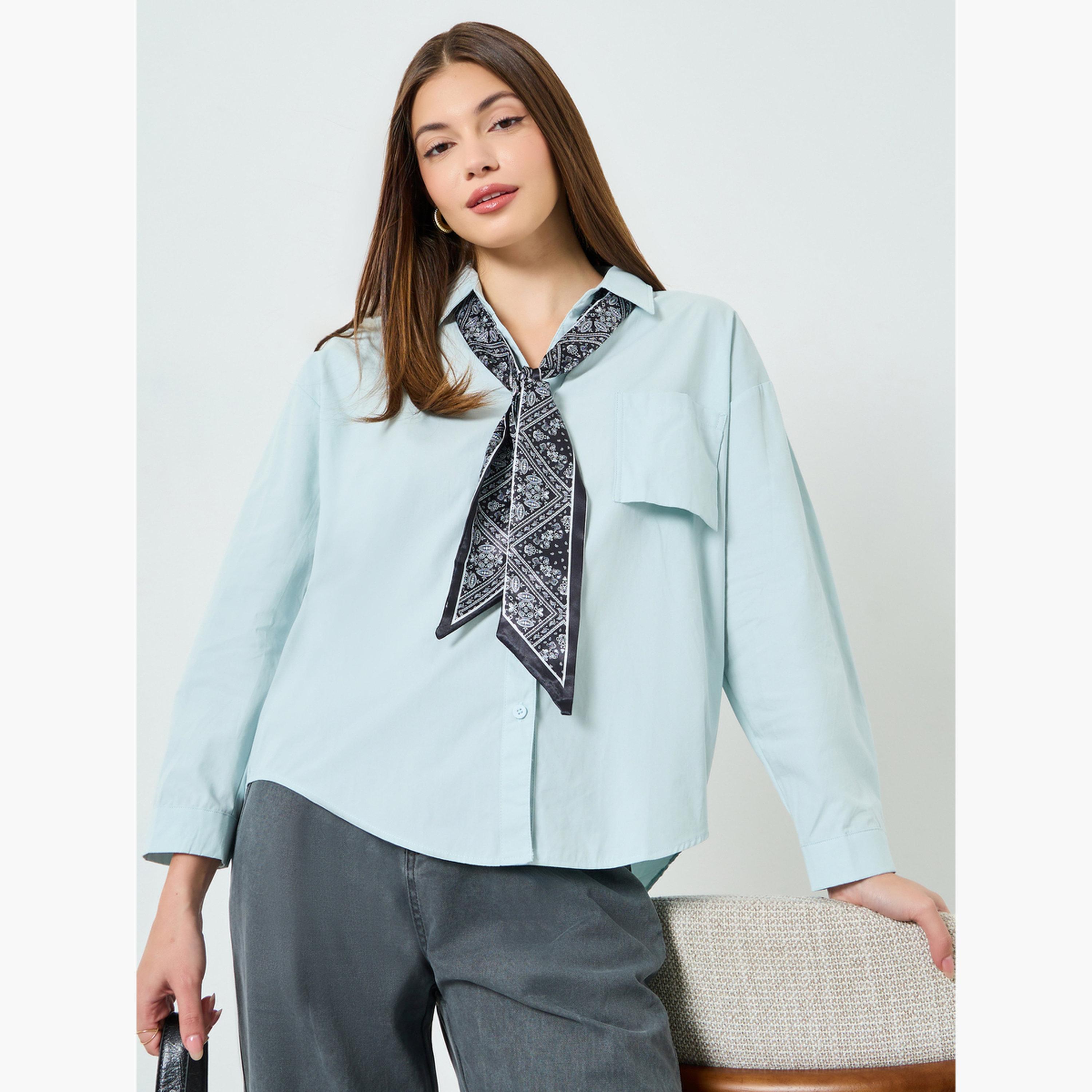 Styli Blue Oversized Shirt with Scarf Detail-women-clothing-shirtsandblouses-shirts-image-1