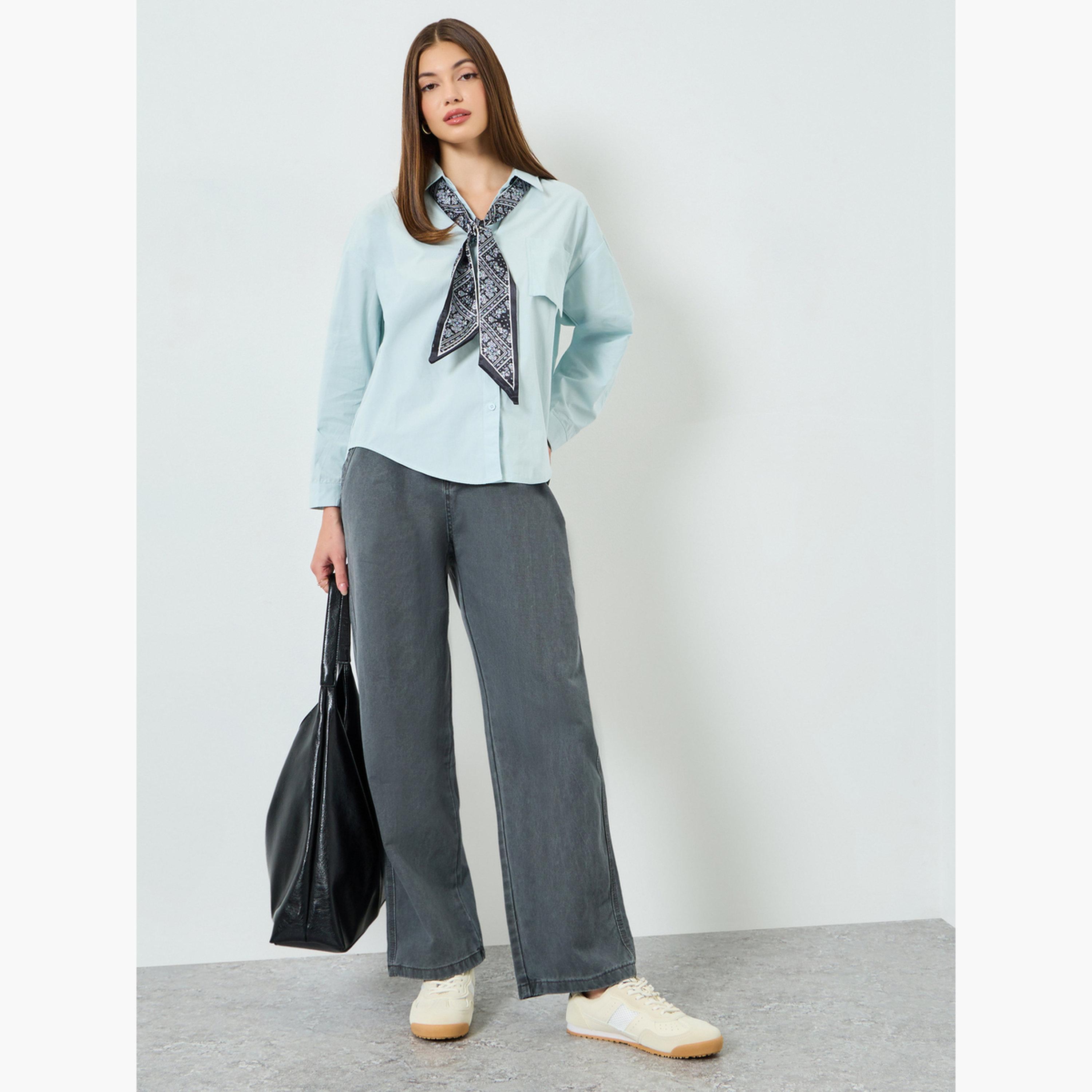 Styli Blue Oversized Shirt with Scarf Detail-women-clothing-shirtsandblouses-shirts-image-2
