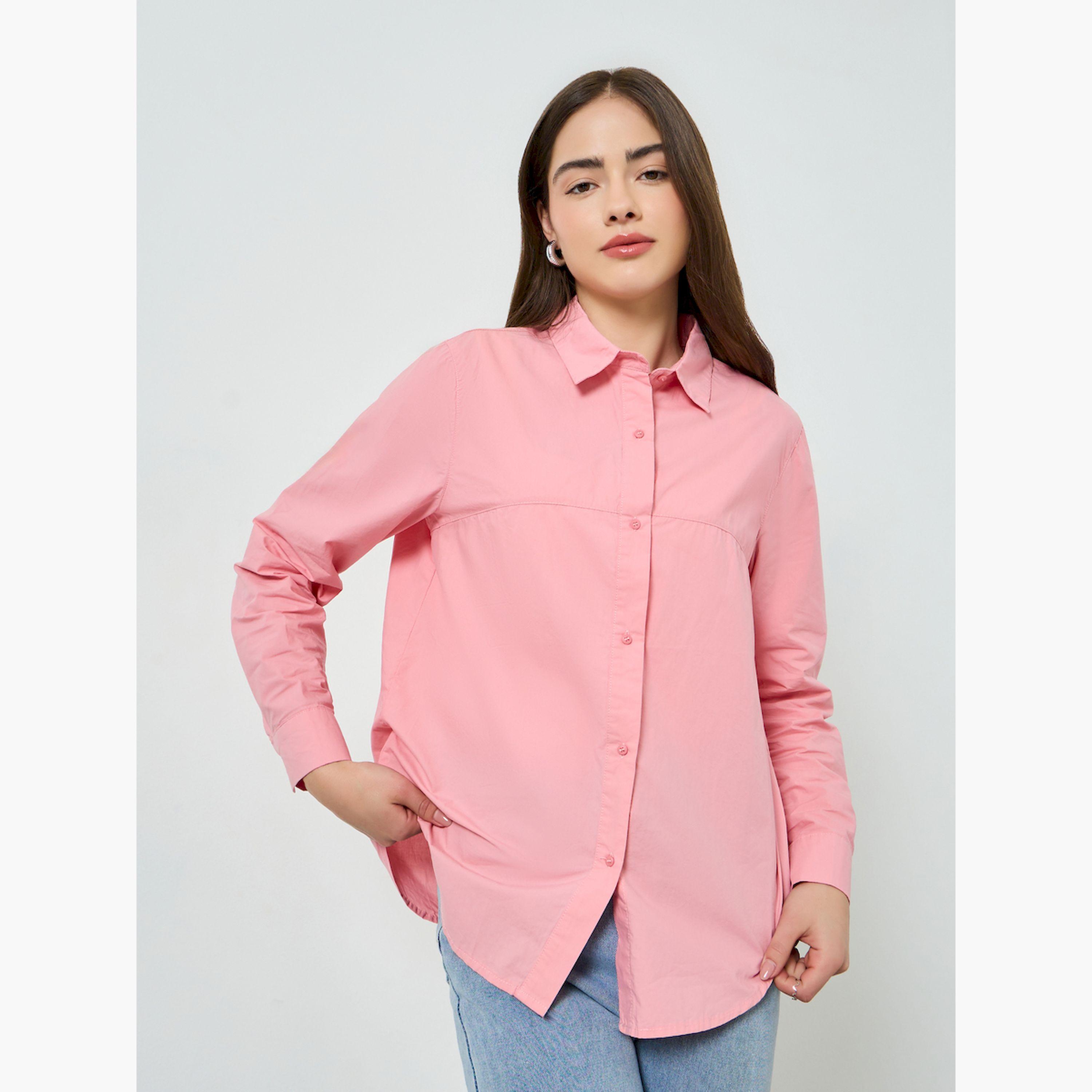 Styli Pink Solid Long Sleeve Oversized Shirt-women-clothing-shirtsandblouses-shirts-image-1