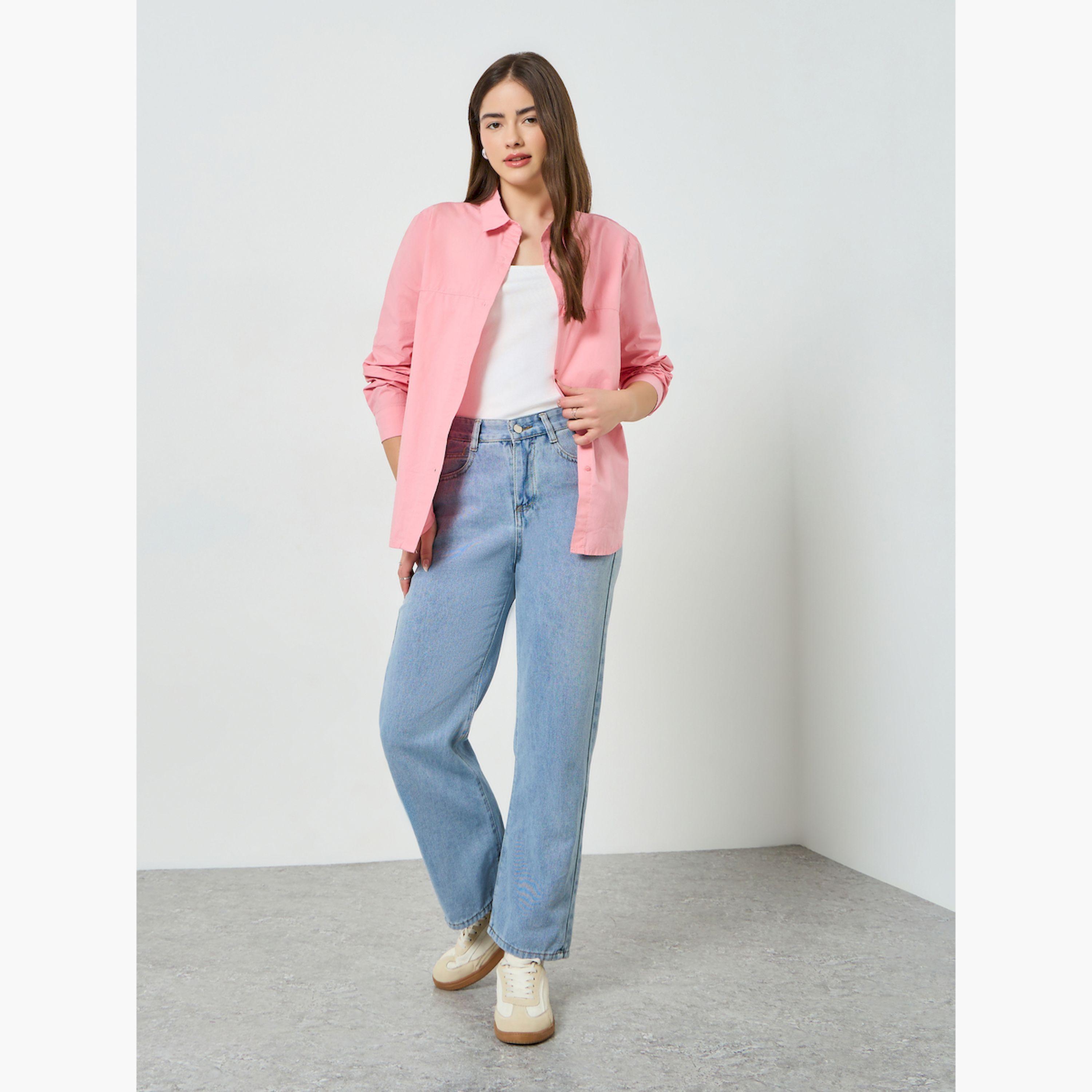 Styli Pink Solid Long Sleeve Oversized Shirt-women-clothing-shirtsandblouses-shirts-image-2
