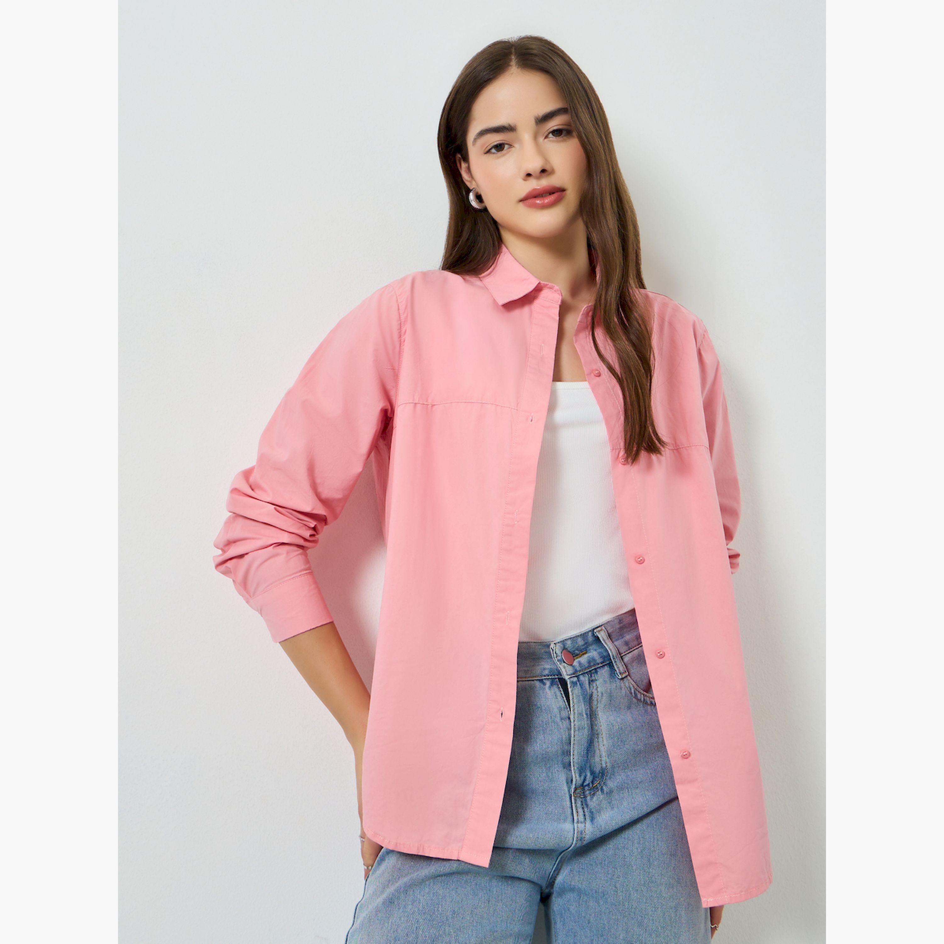 Styli Pink Solid Long Sleeve Oversized Shirt-women-clothing-shirtsandblouses-shirts-image-3
