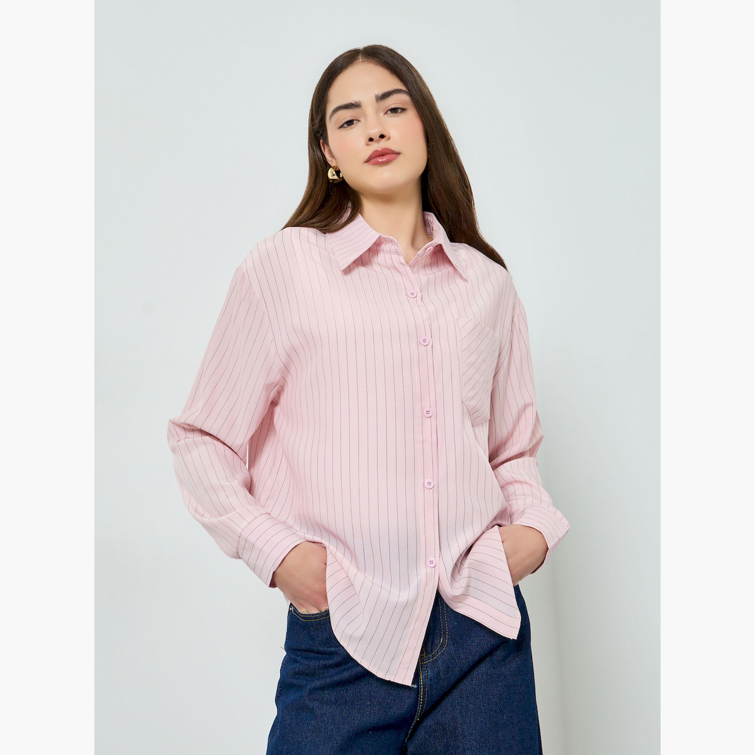 Styli Pink Striped Oversized Shirt-women-clothing-shirtsandblouses-shirts-image-1