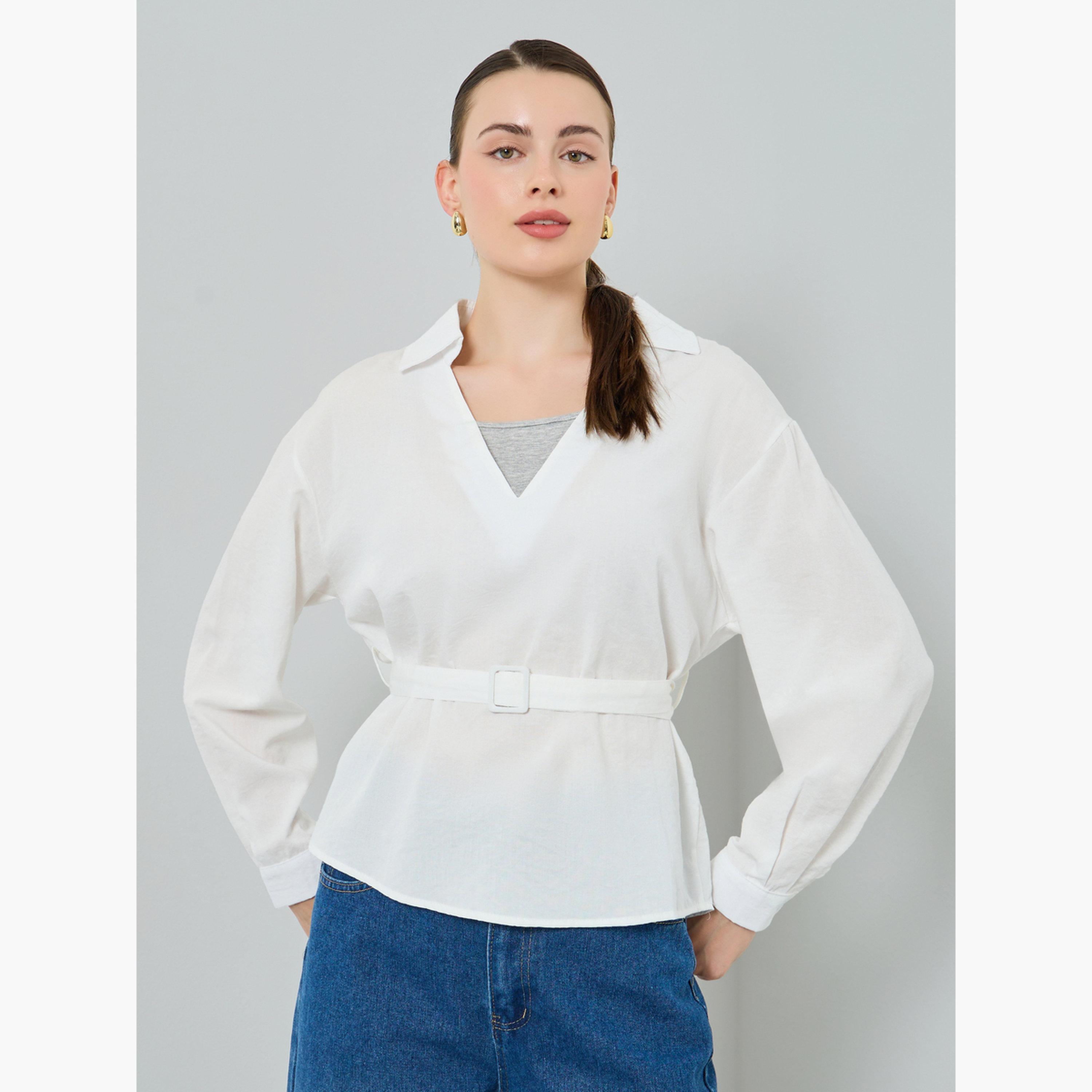 بلوزة بياقة مفتوحة وحزام-women-clothing-shirtsandblouses-blouses-image-1