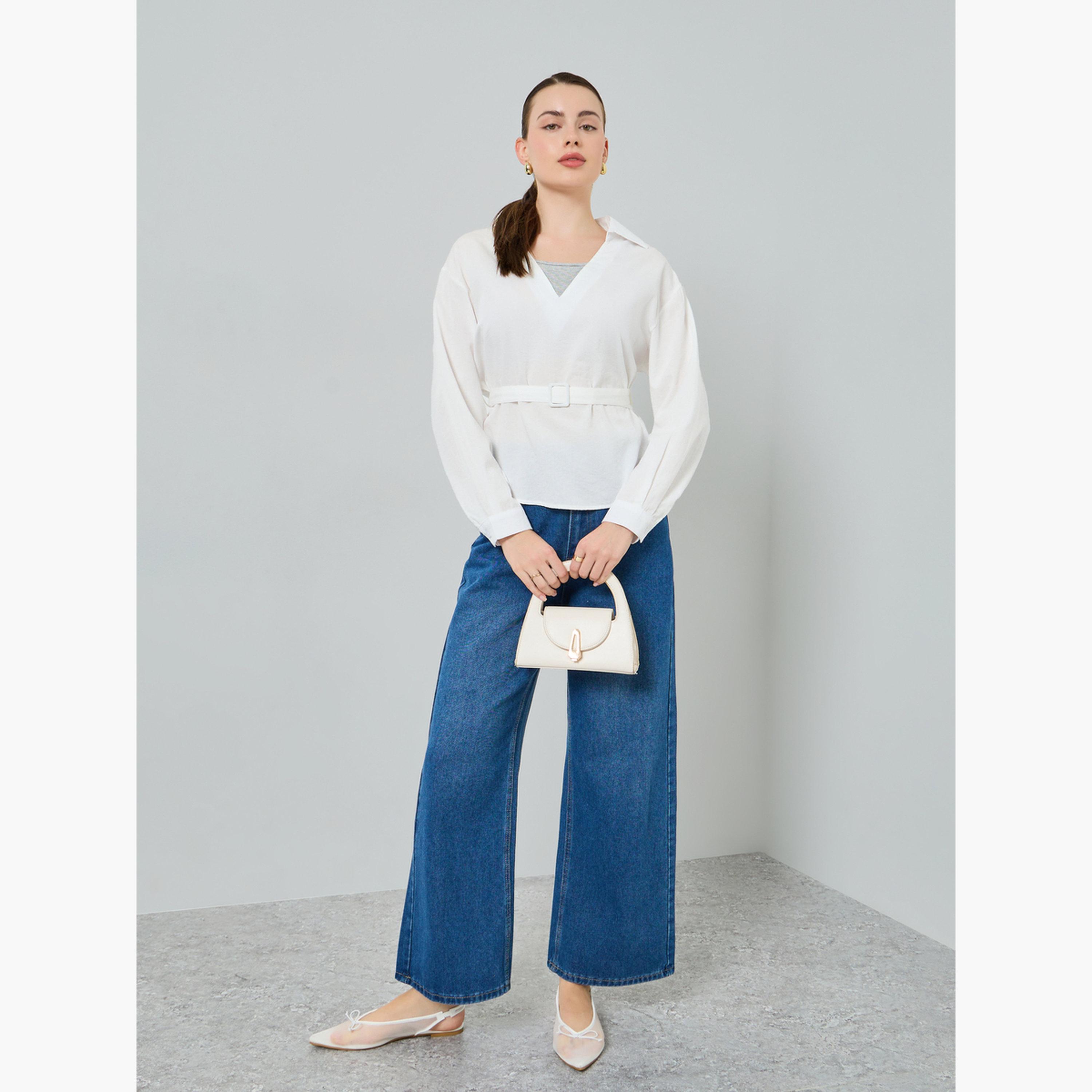 بلوزة بياقة مفتوحة وحزام-women-clothing-shirtsandblouses-blouses-image-2