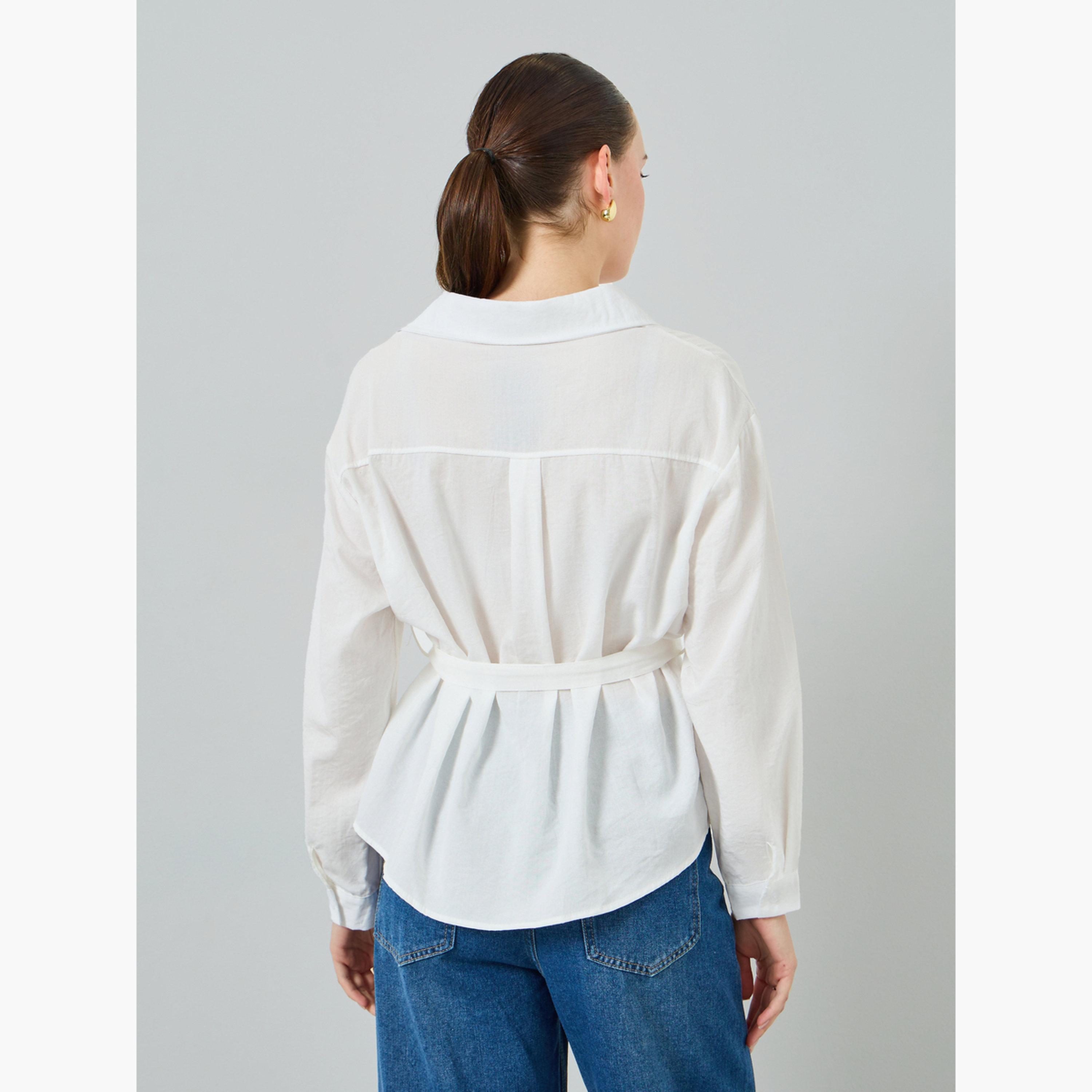Styli White Open Collar Belted Top-women-clothing-shirtsandblouses-blouses-image-4
