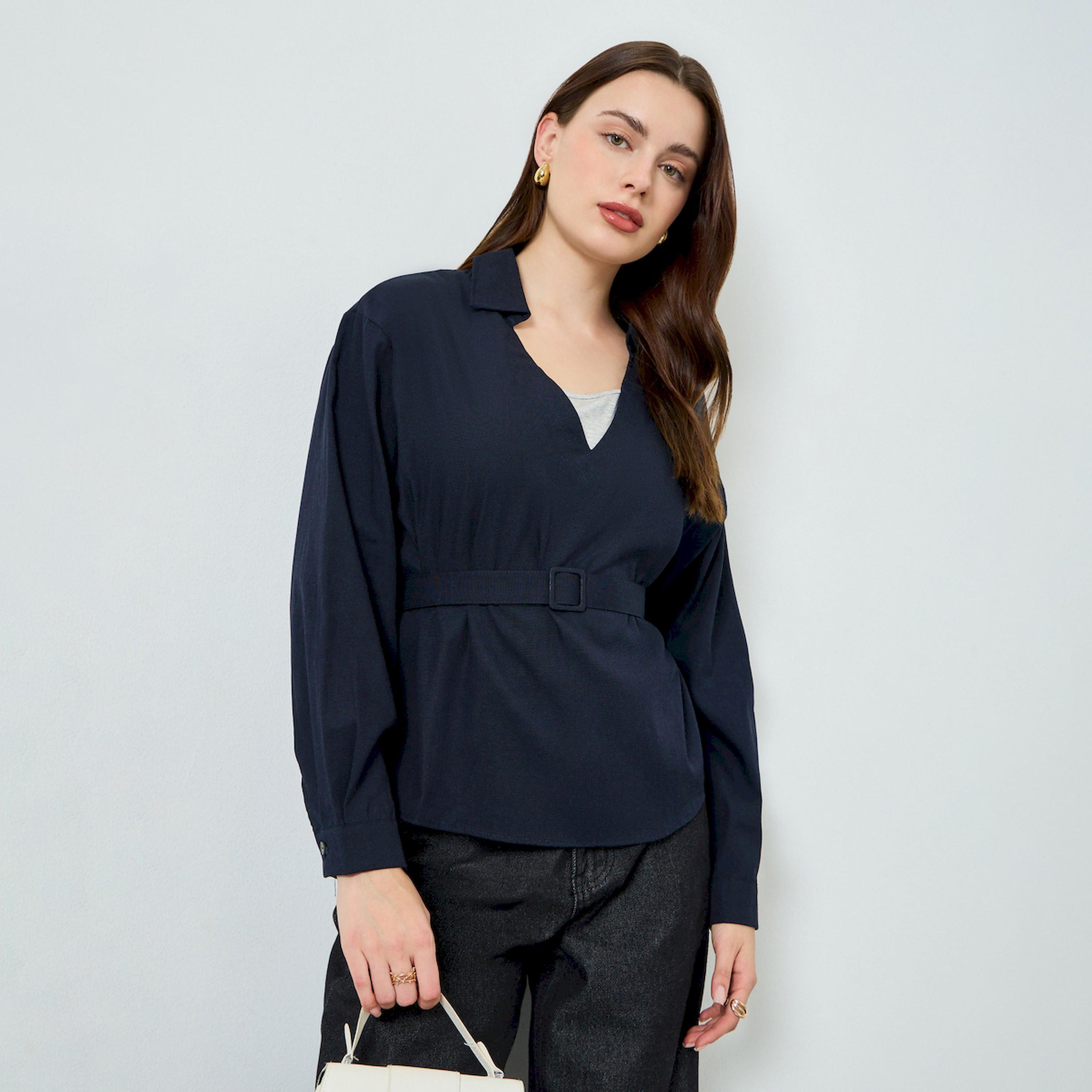 Styli Navy Blue Open Collar Belted Top-women-clothing-shirtsandblouses-blouses-image-1