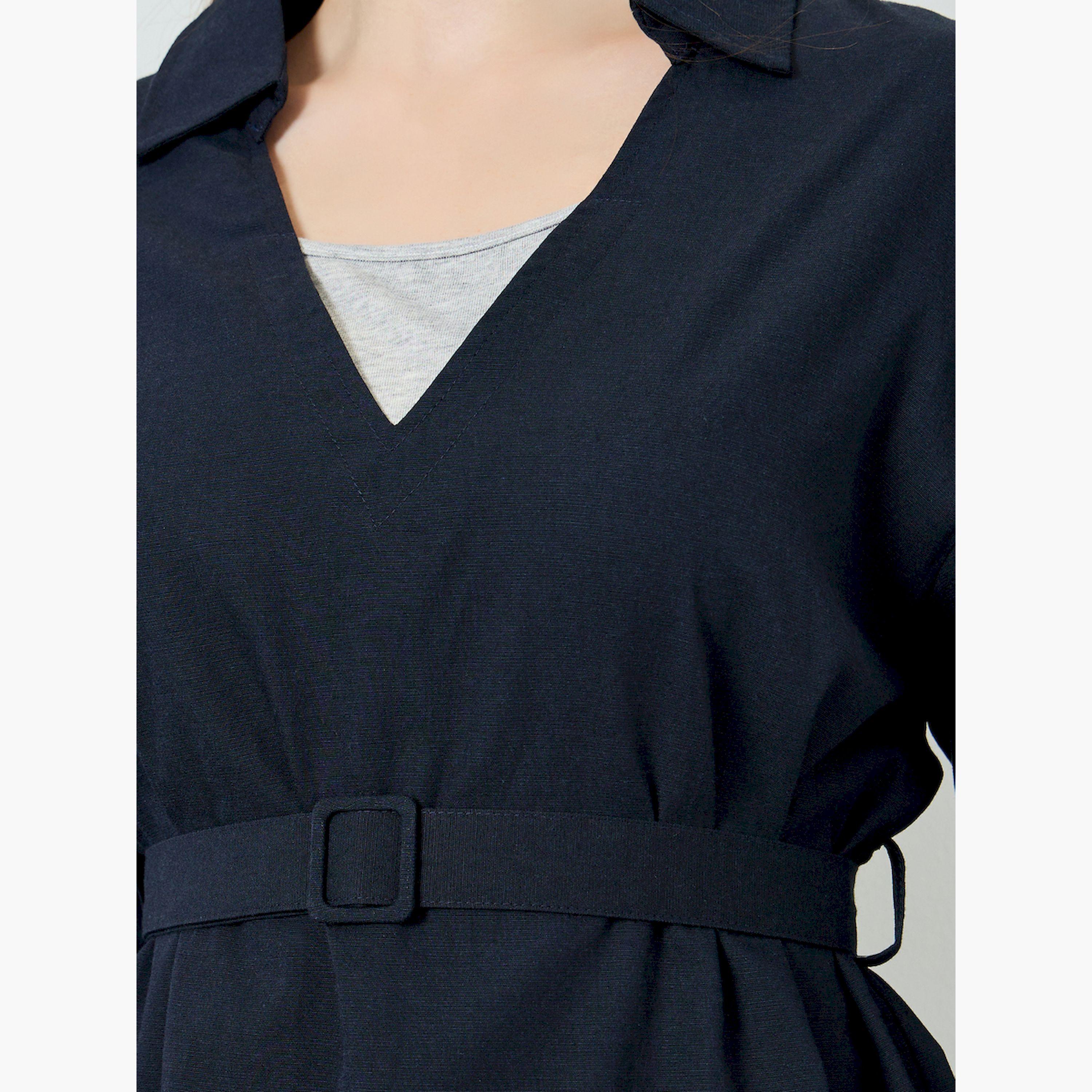 Styli Navy Blue Open Collar Belted Top-women-clothing-shirtsandblouses-blouses-image-4