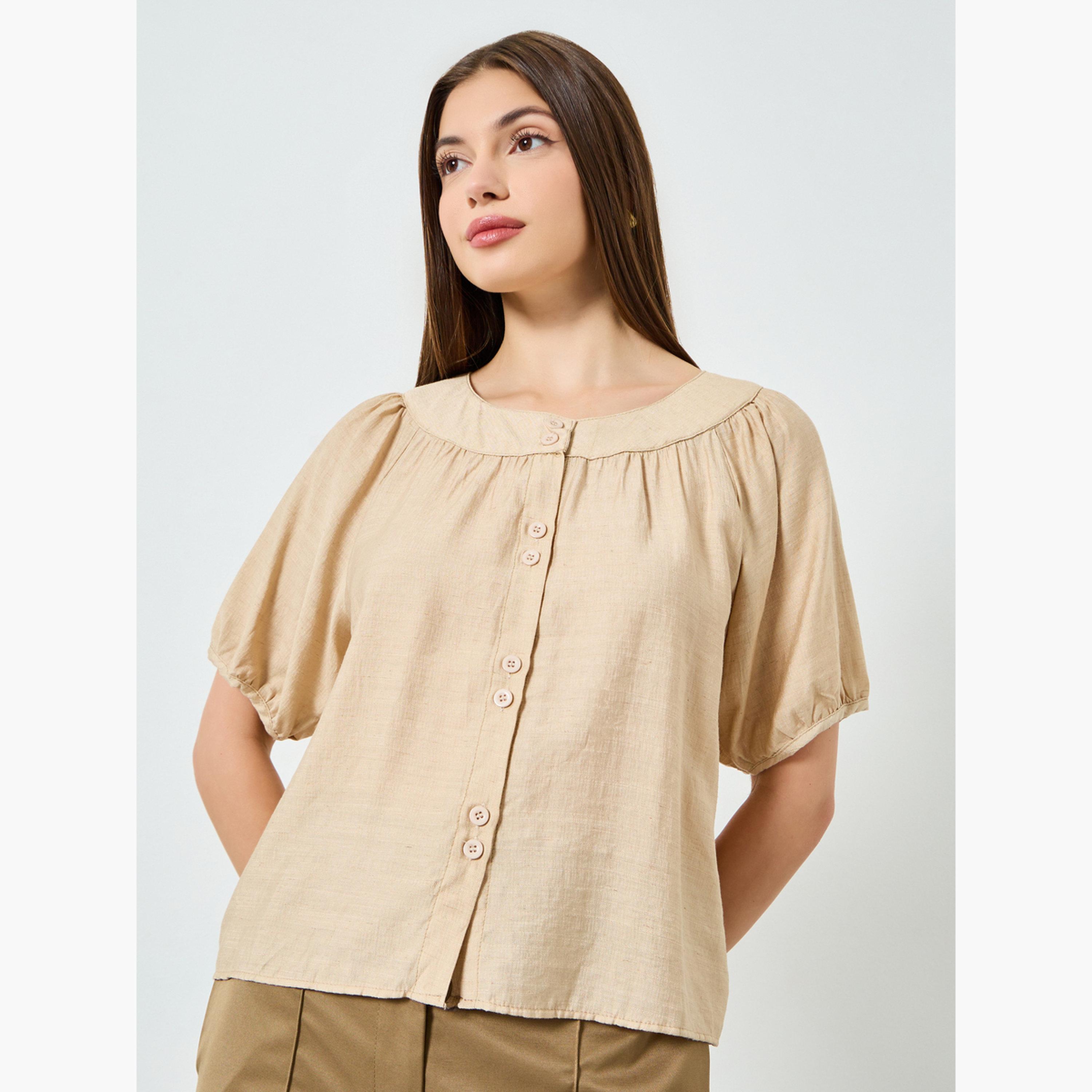 ستايلي - بلوزة بأكمام منفوخة وأزرار أمامية لون بيج-women-clothing-shirtsandblouses-blouses-image-1