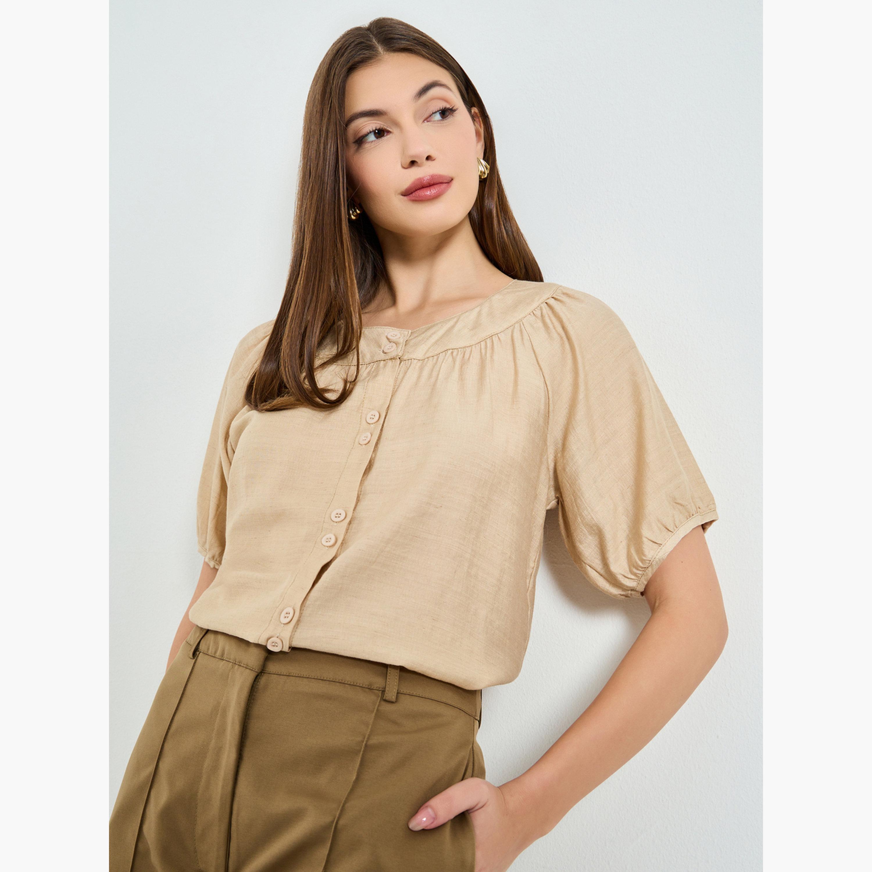 ستايلي - بلوزة بأكمام منفوخة وأزرار أمامية لون بيج-women-clothing-shirtsandblouses-blouses-image-3