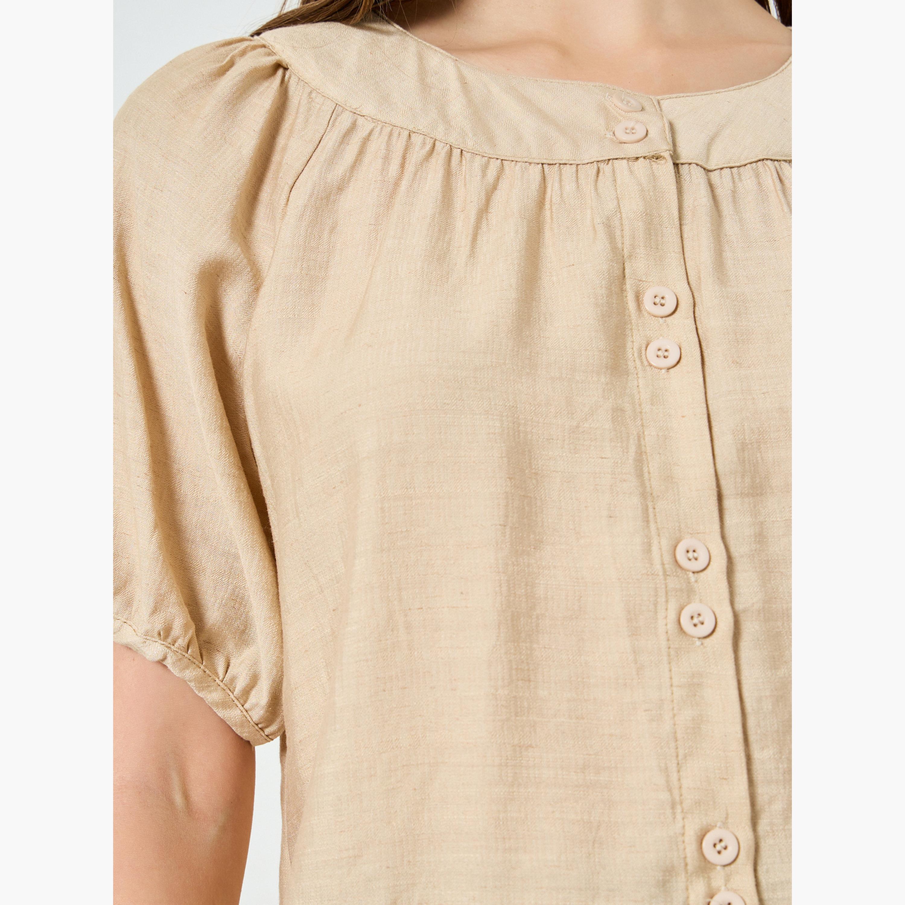 ستايلي - بلوزة بأكمام منفوخة وأزرار أمامية لون بيج-women-clothing-shirtsandblouses-blouses-image-4