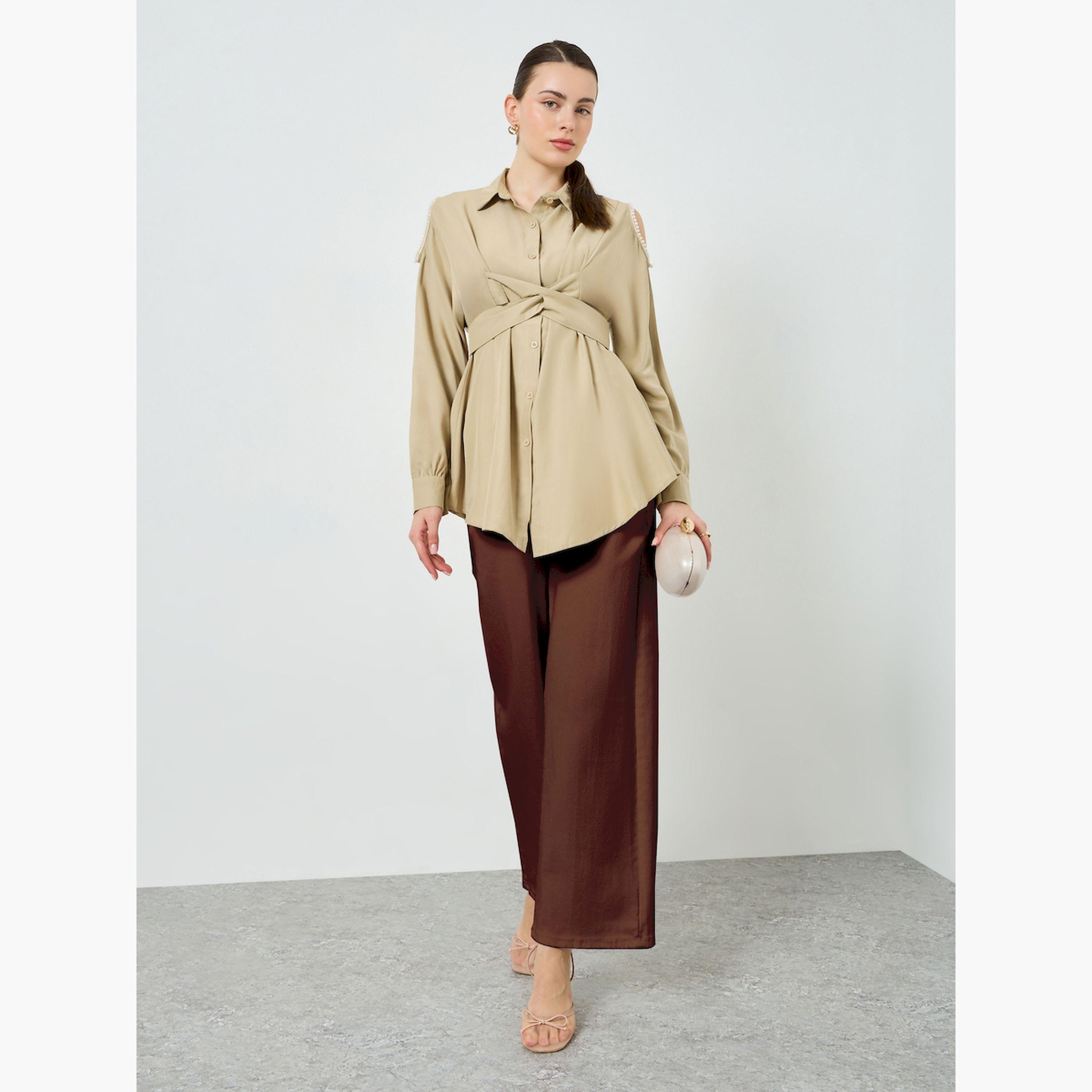 Styli Beige Cut-Out Pearl Embellished Shirt-women-clothing-shirtsandblouses-blouses-image-2