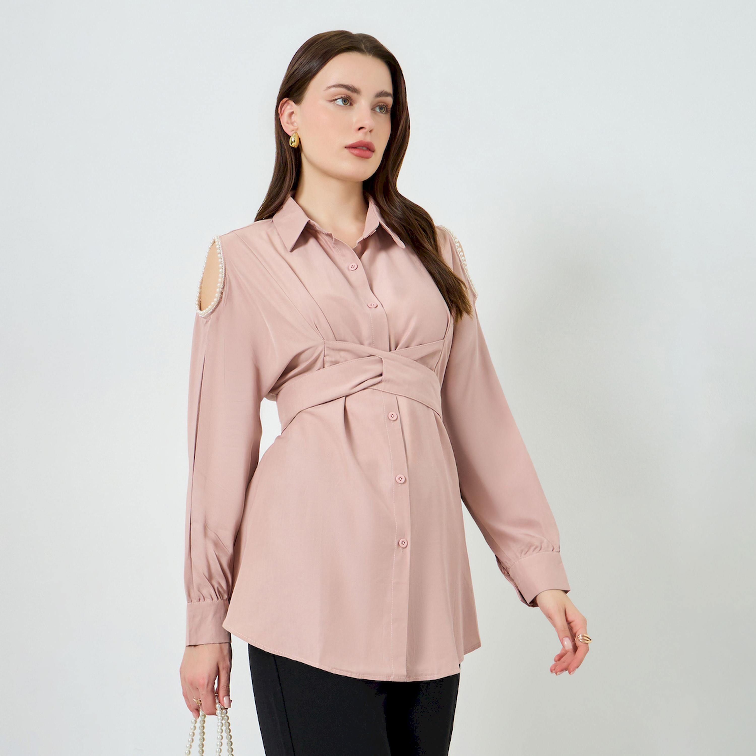 Styli Pink Pearl-Embellished Oversized Shirt-women-clothing-shirtsandblouses-blouses-image-1