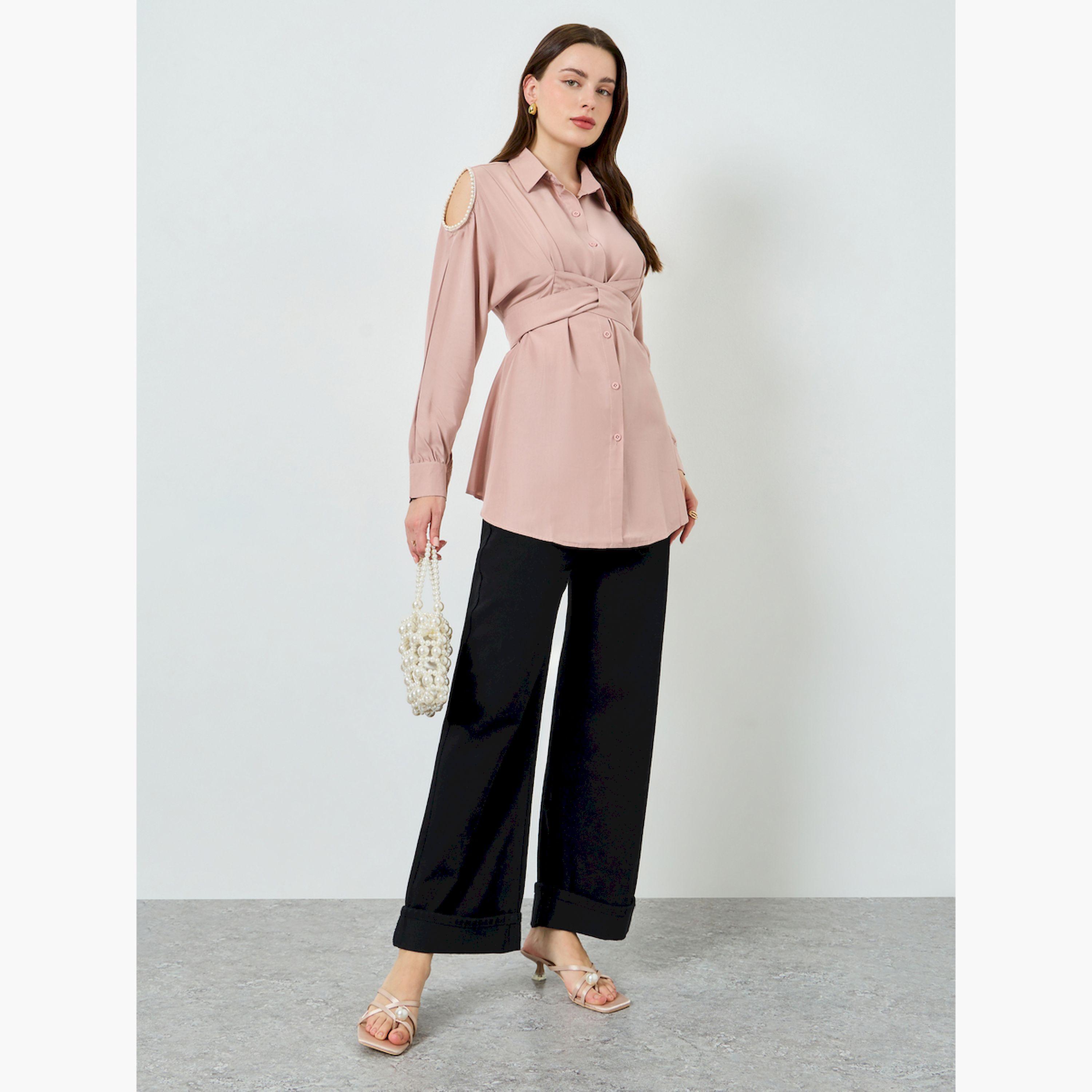 Styli Pink Pearl-Embellished Oversized Shirt-women-clothing-shirtsandblouses-blouses-image-2