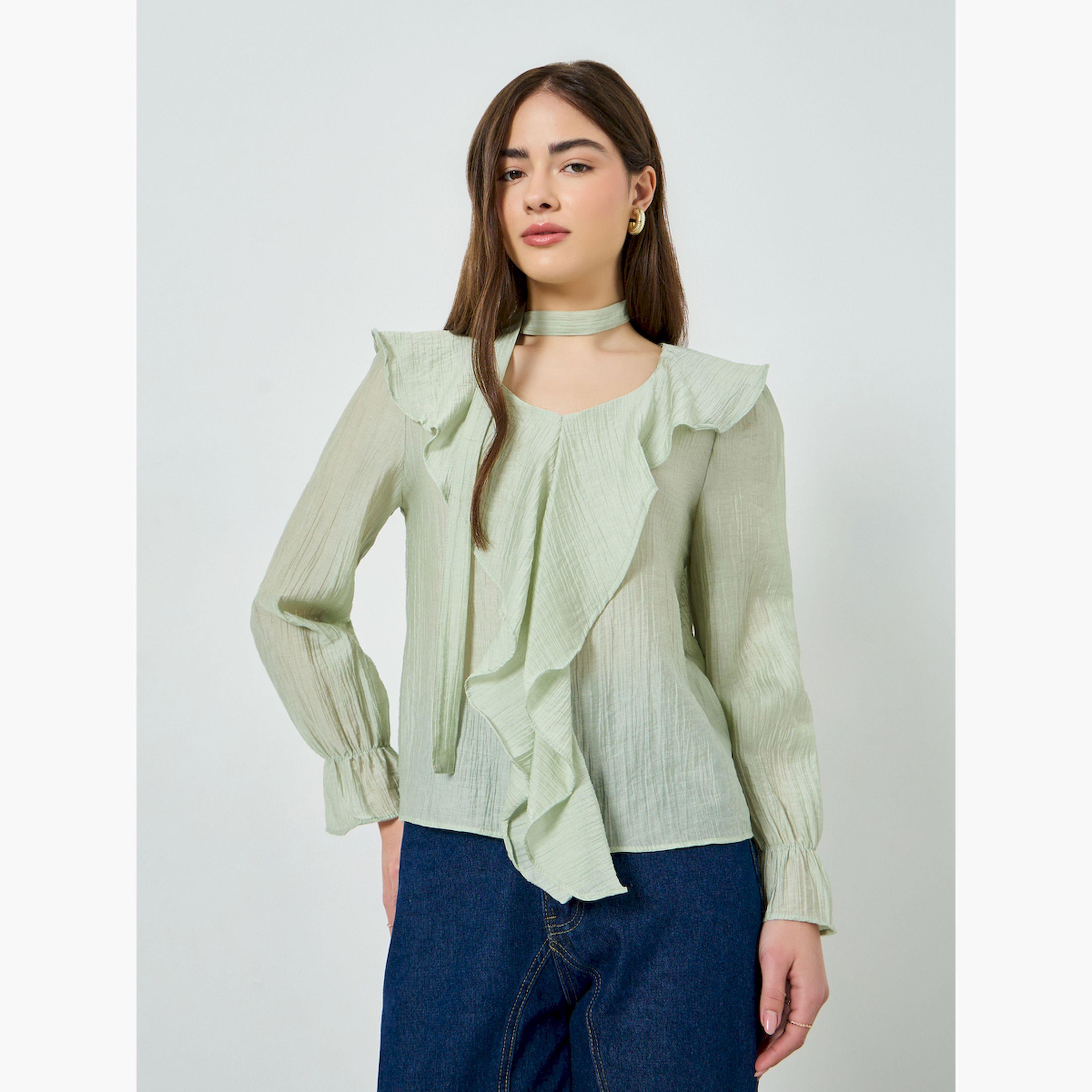 Styli Green Ruffle Long Sleeves Blouse-women-clothing-shirtsandblouses-blouses-image-1