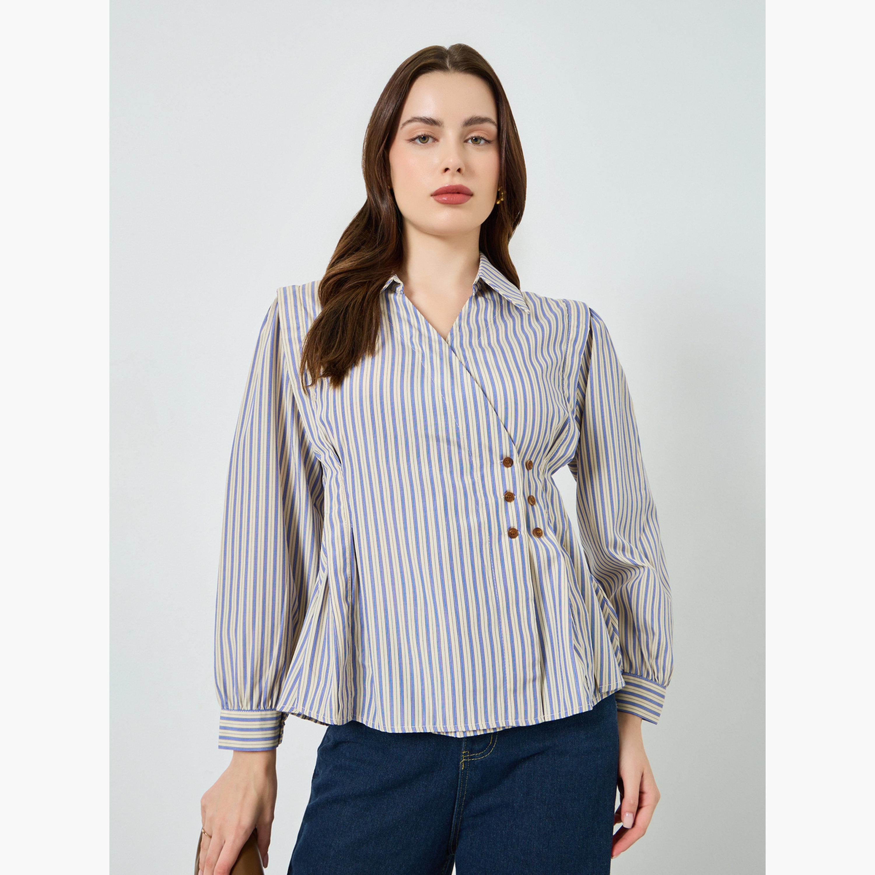 Styli Women Blue Striped Buttoned Wrap Top-women-clothing-shirtsandblouses-blouses-image-1