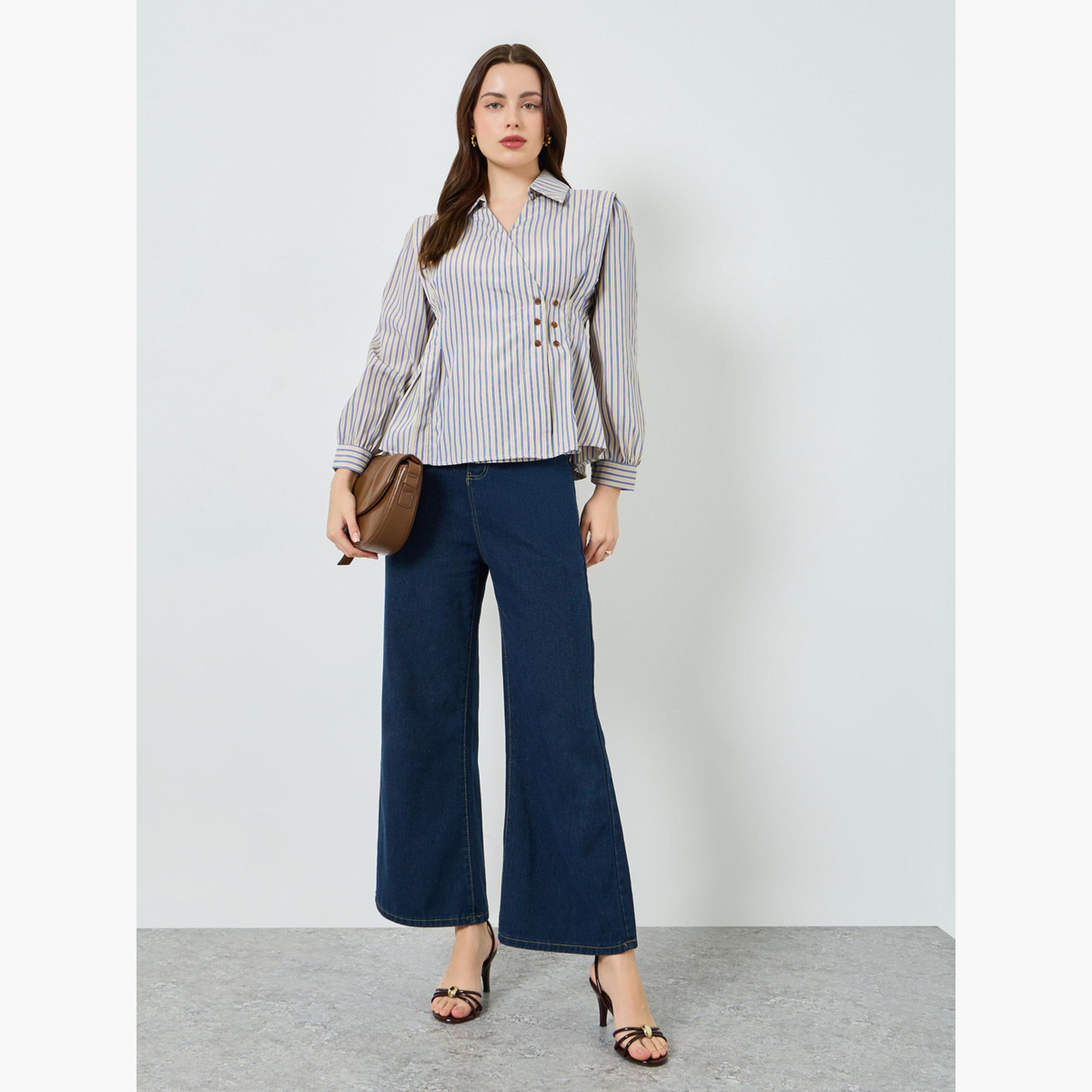 Styli Women Blue Striped Buttoned Wrap Top-women-clothing-shirtsandblouses-blouses-image-2