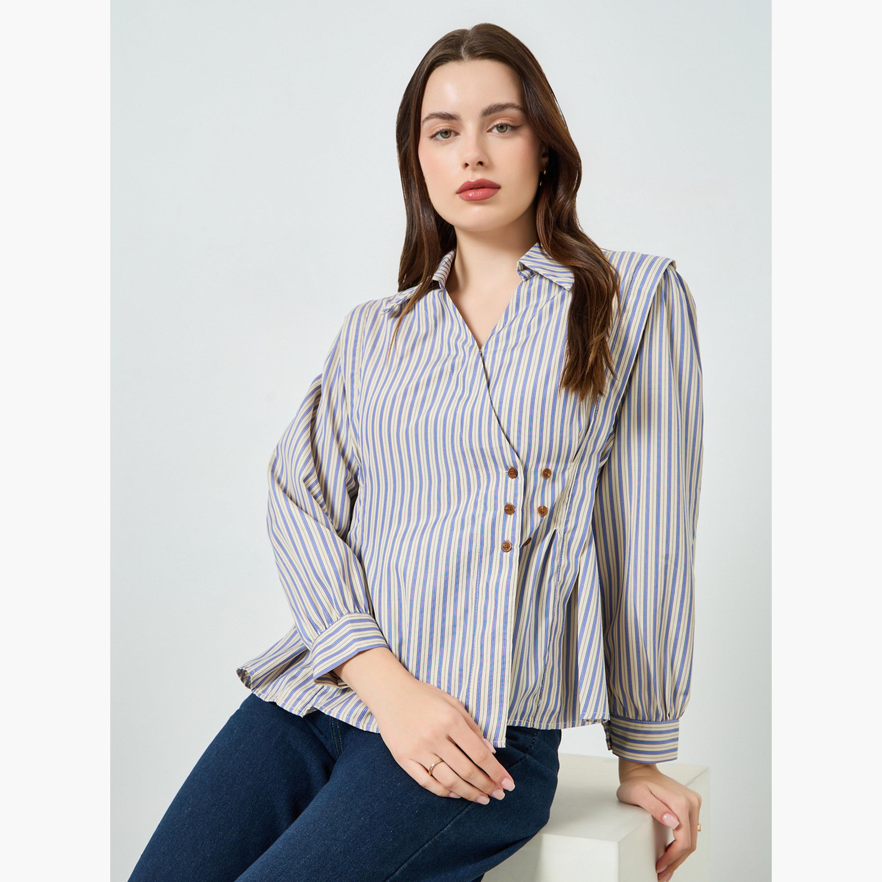 بلوزة لف مخطط بأزرار لون أزرق-women-clothing-shirtsandblouses-blouses-image-3
