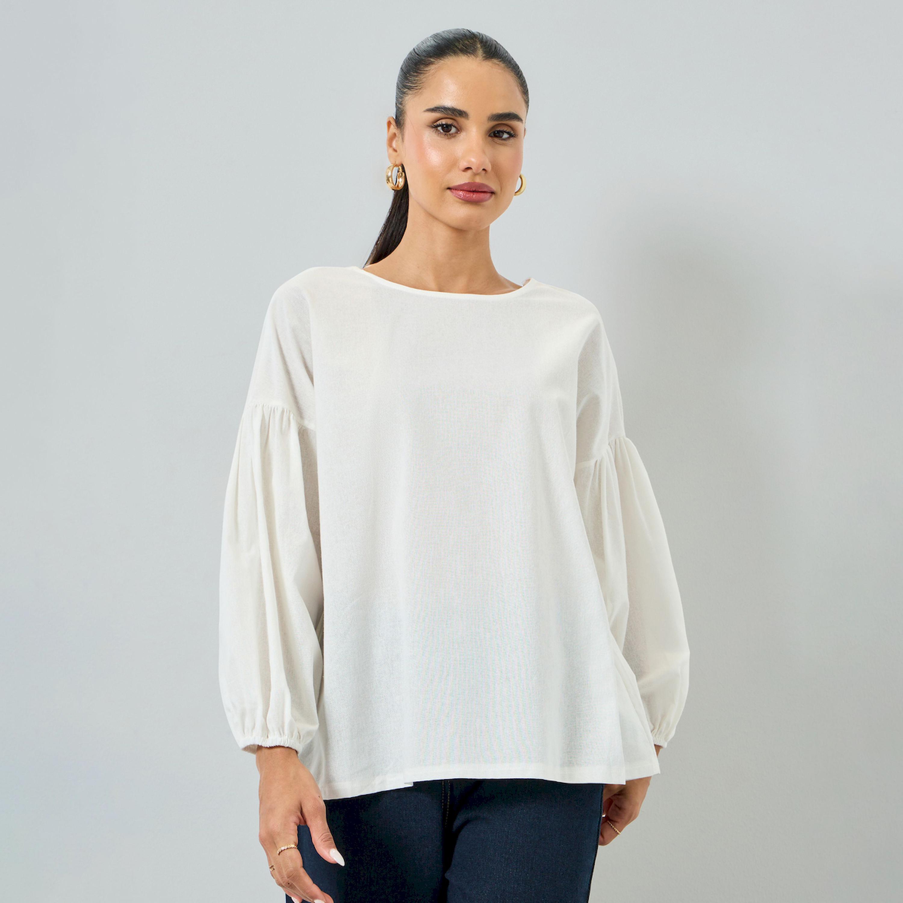 Styli White Long Sleeve Blouse with Back Cutout Detail-women-clothing-shirtsandblouses-blouses-image-1